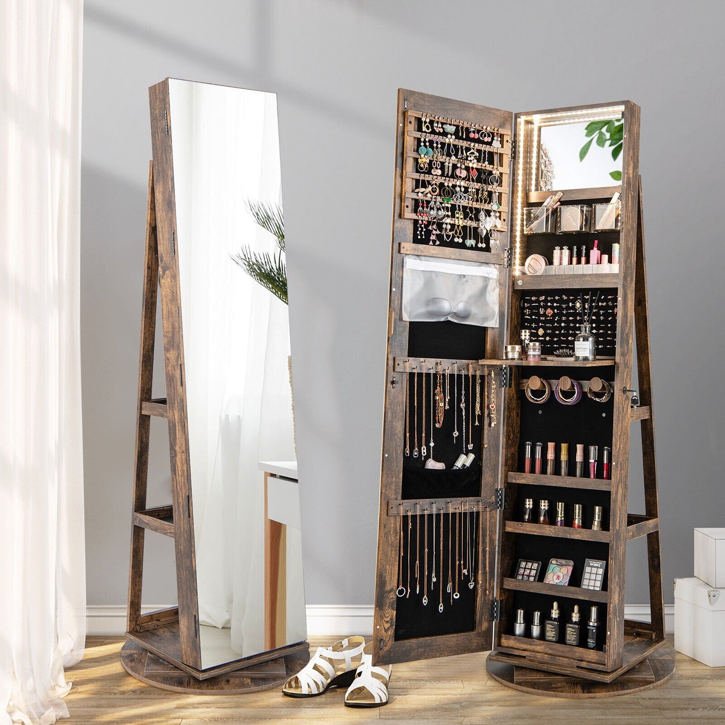 360° Rotating Mirrored Jewelry Cabinet Armoire 3 Color LED Modes Lockable-Black