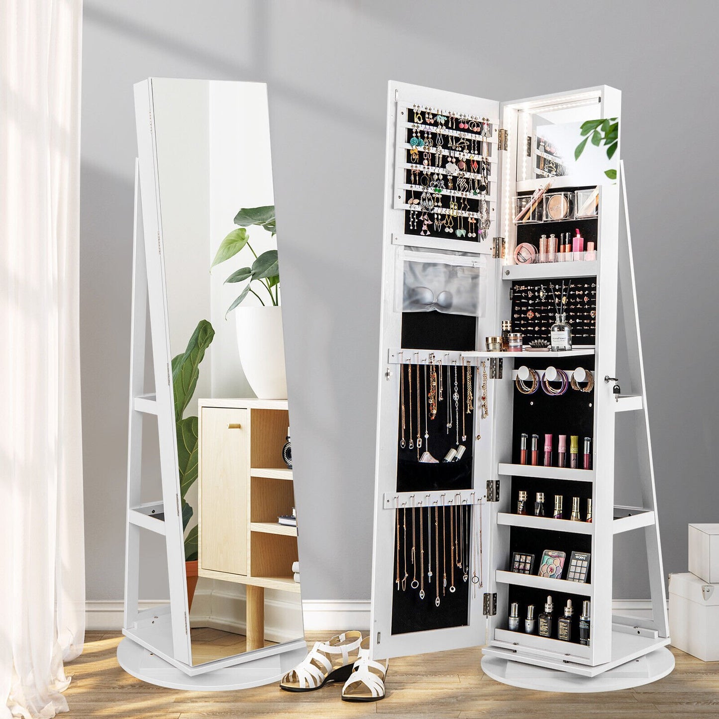 360° Rotating Mirrored Jewelry Cabinet Armoire 3 Color LED Modes Lockable-Black