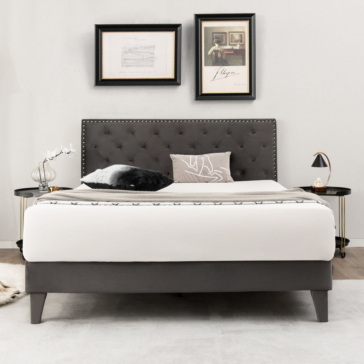 Full/Queen Size Upholstered Platform Bed with Tufted Headboard-Full Size