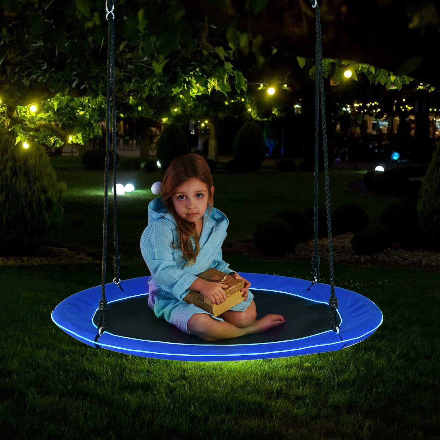 40 Inches Saucer Tree Swing Round with Lights for Kids and Adults-Blue