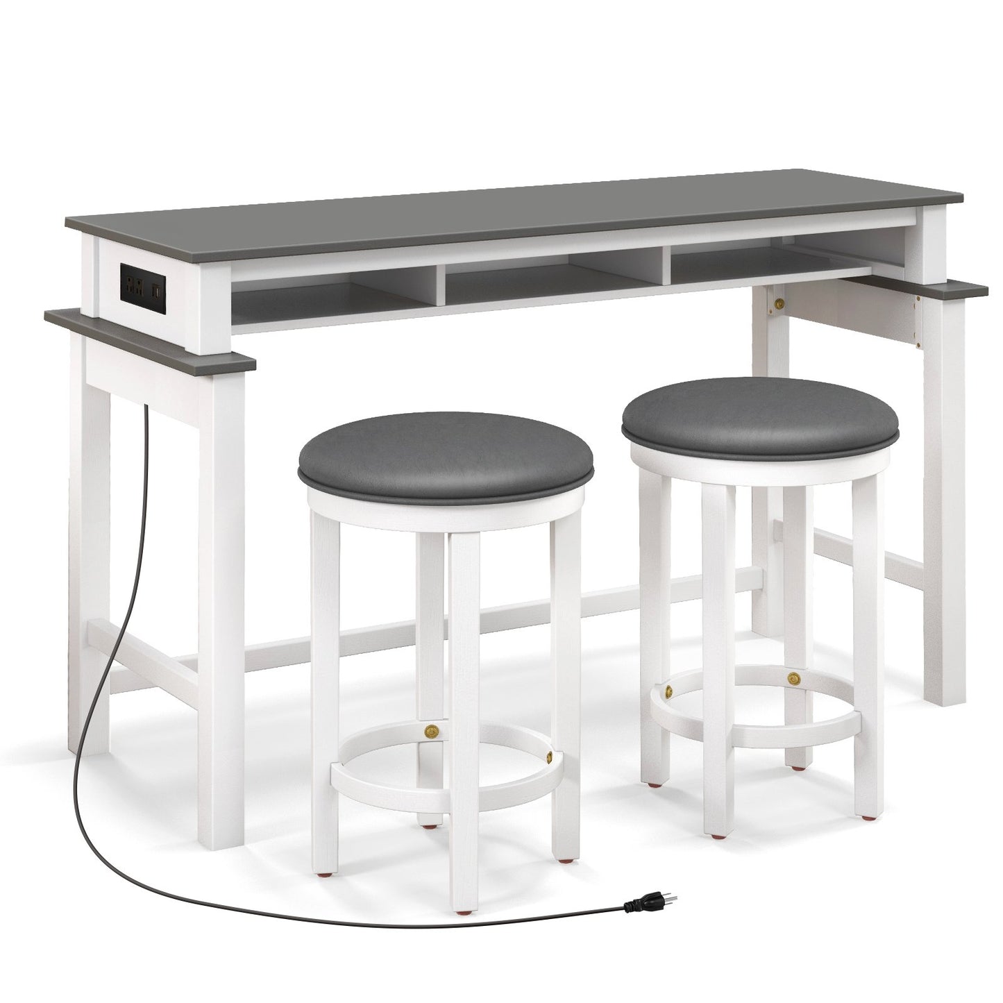 3-Piece Home Bar Set with 2 Upholstered Bar Stools Outlets and USB Ports-Black