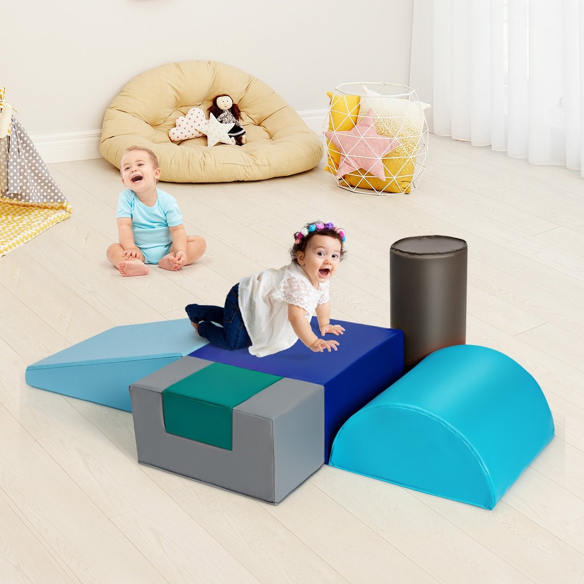 6 Piece Climb Crawl Play Set Indoor Kids Toddler-Gray