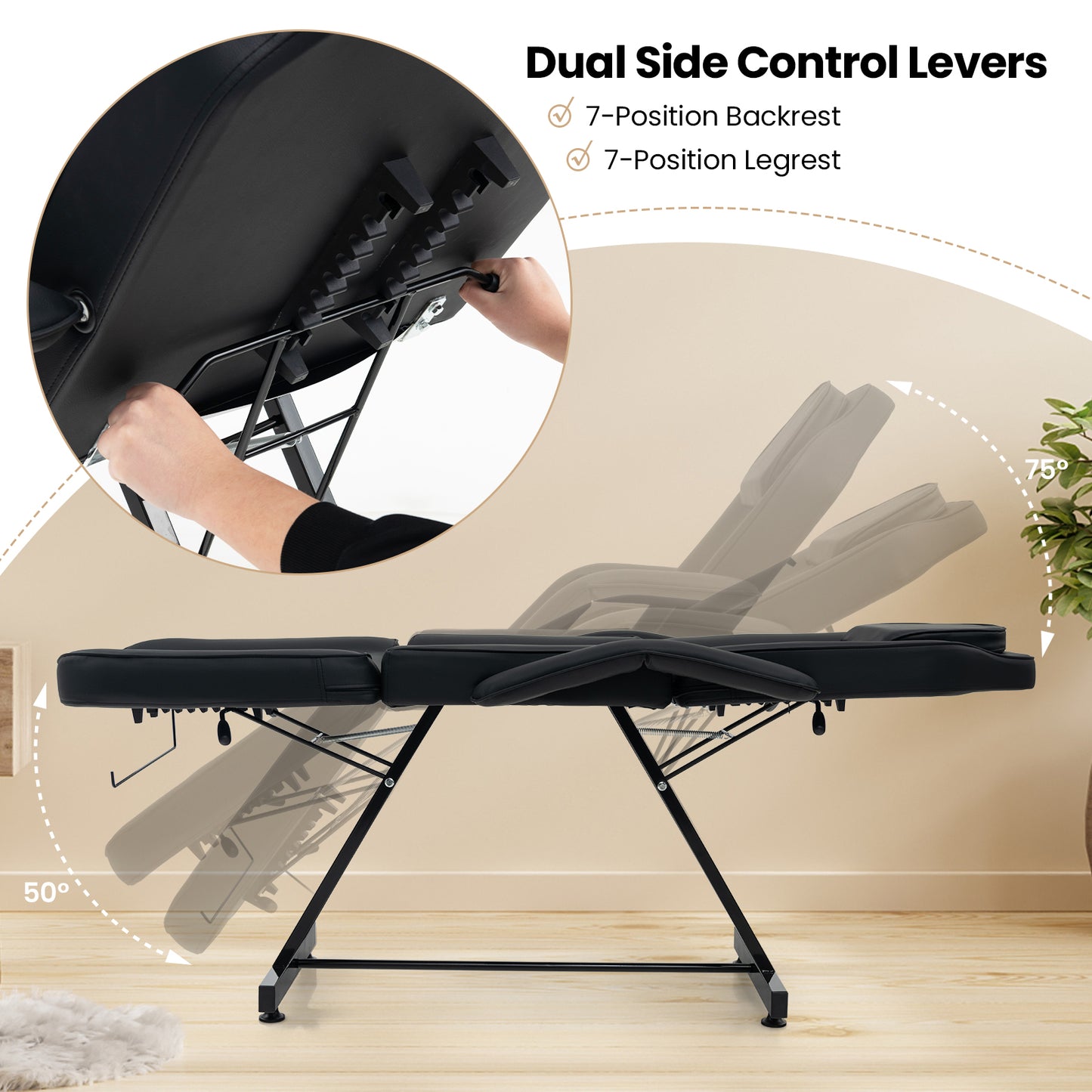 73 Inch Facial Chair Set with Removable Headrest Detachable Armrests and Towel Rack-Black