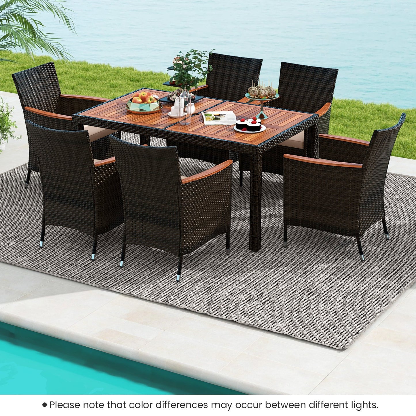 7 Pieces Garden Dining Patio Rattan Set with Cushions for Backyard