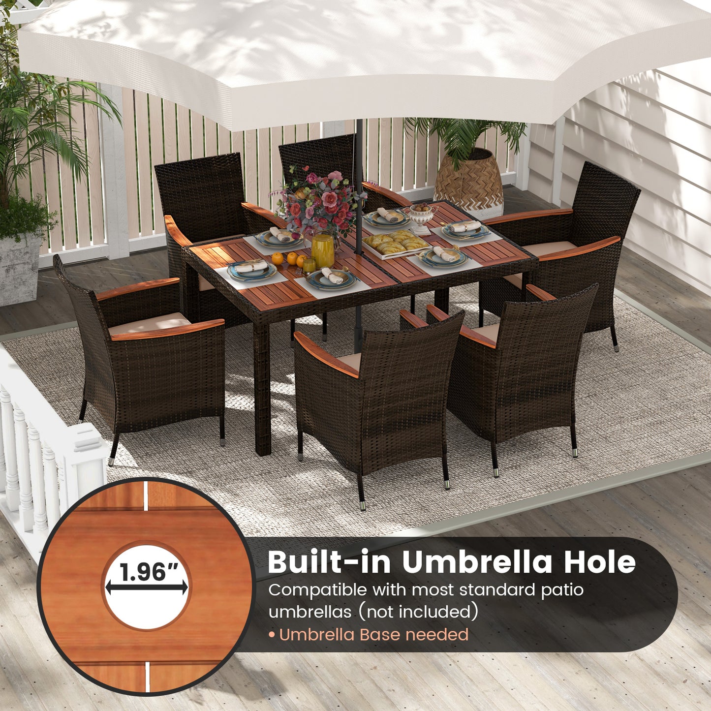 7 Pieces Garden Dining Patio Rattan Set with Cushions for Backyard