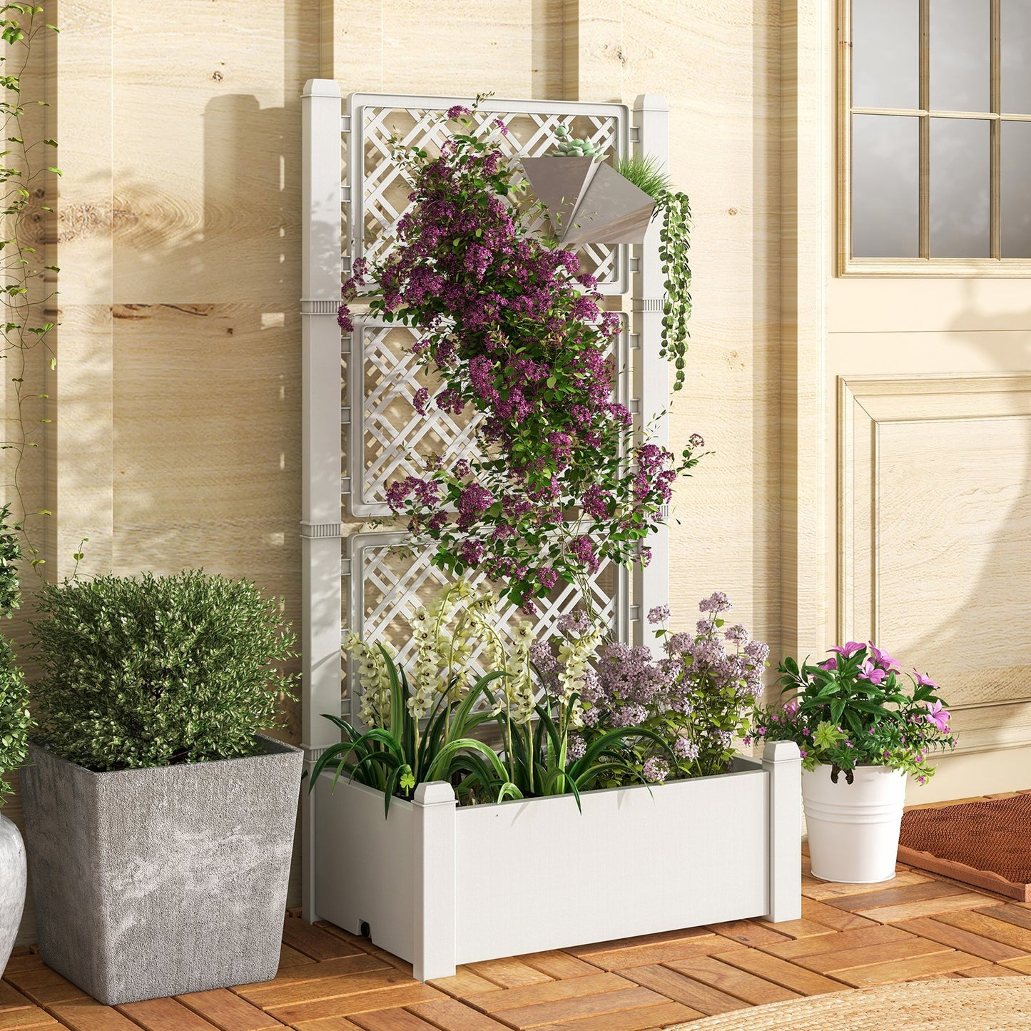 Outdoor Planter Box Self-Watering Raised Garden Bed Trellis with Water Level Indicator-Coffee