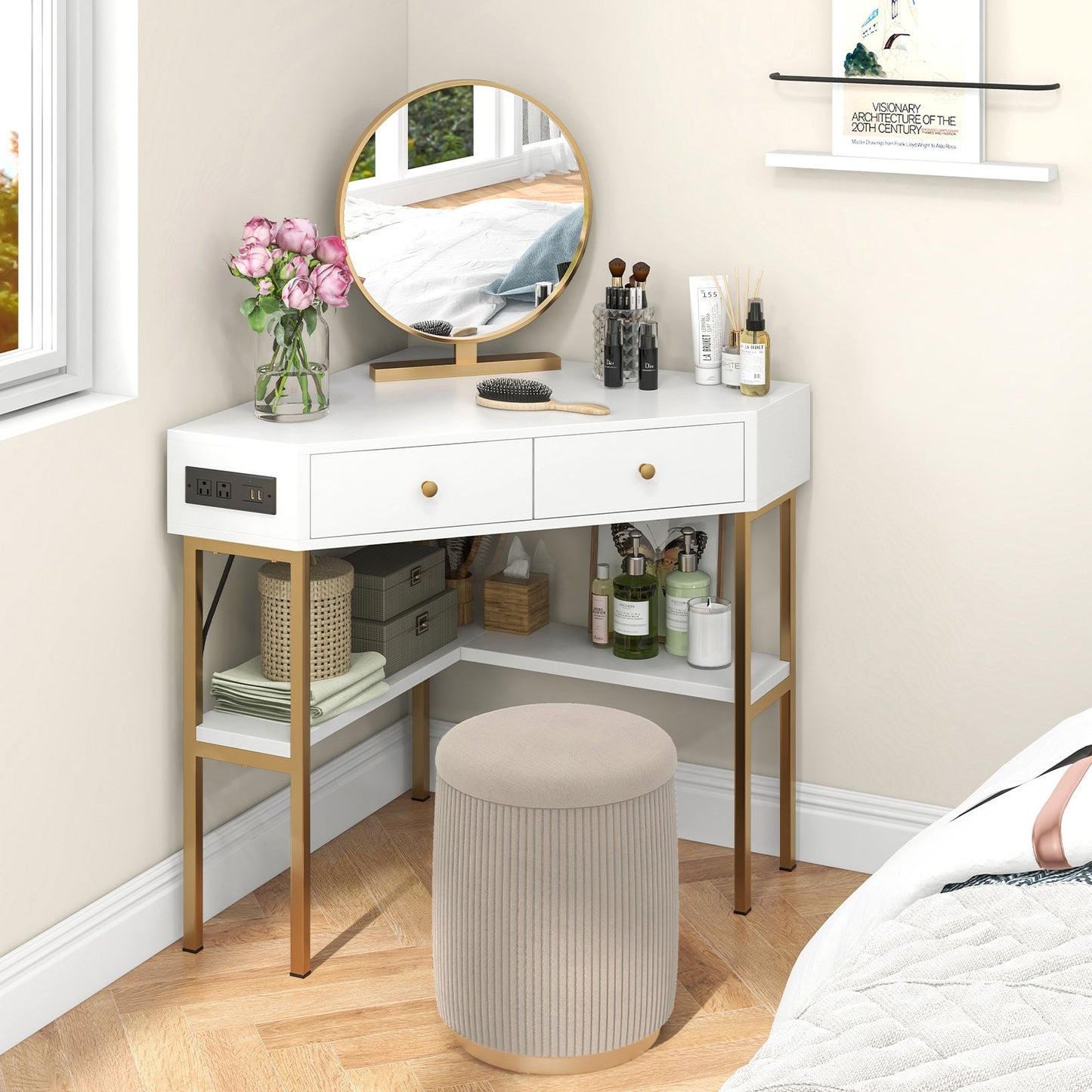 Triangle Corner Desk with Charging Station with 2 Drawers and Storage Shelf-Black
