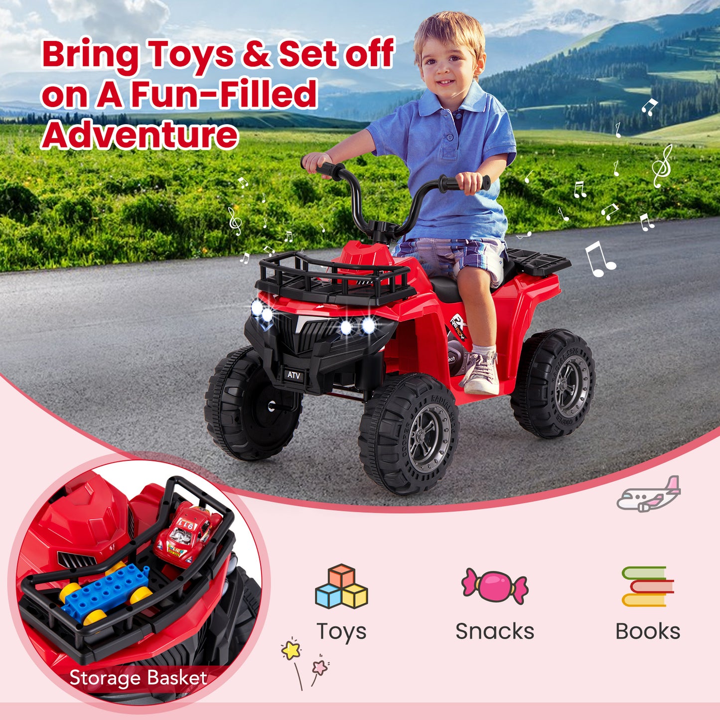 6V Kids Ride On Electric ATV with LED Headlights and MP3 Player-Red