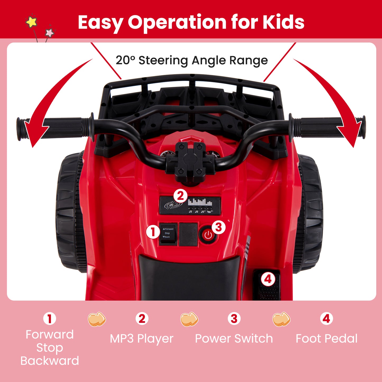 6V Kids Ride On Electric ATV with LED Headlights and MP3 Player-Red
