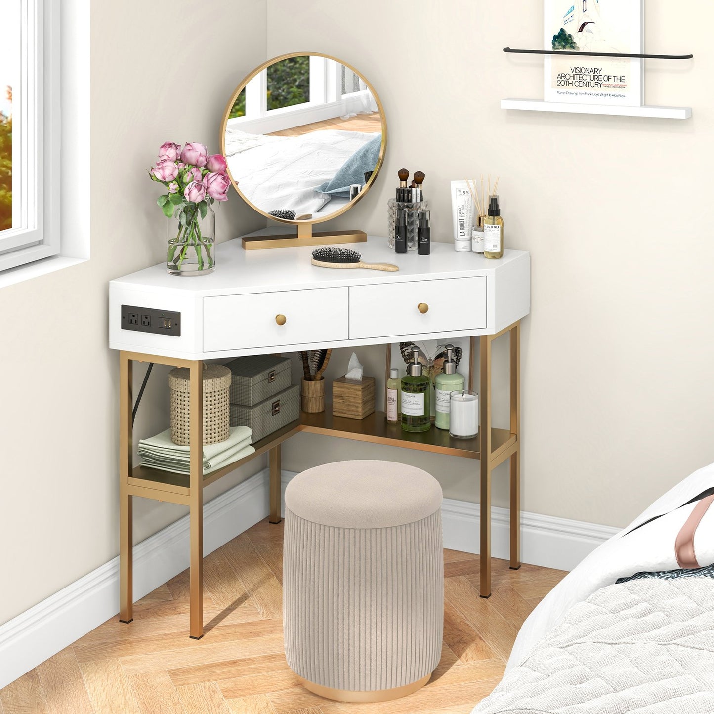 Triangle Corner Desk with Charging Station with 2 Drawers and Storage Shelf-Black