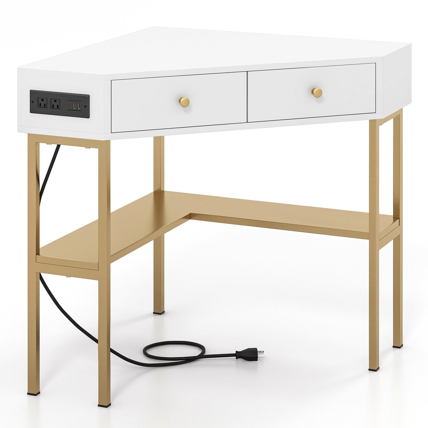 Triangle Corner Desk with Charging Station with 2 Drawers and Storage Shelf-Black
