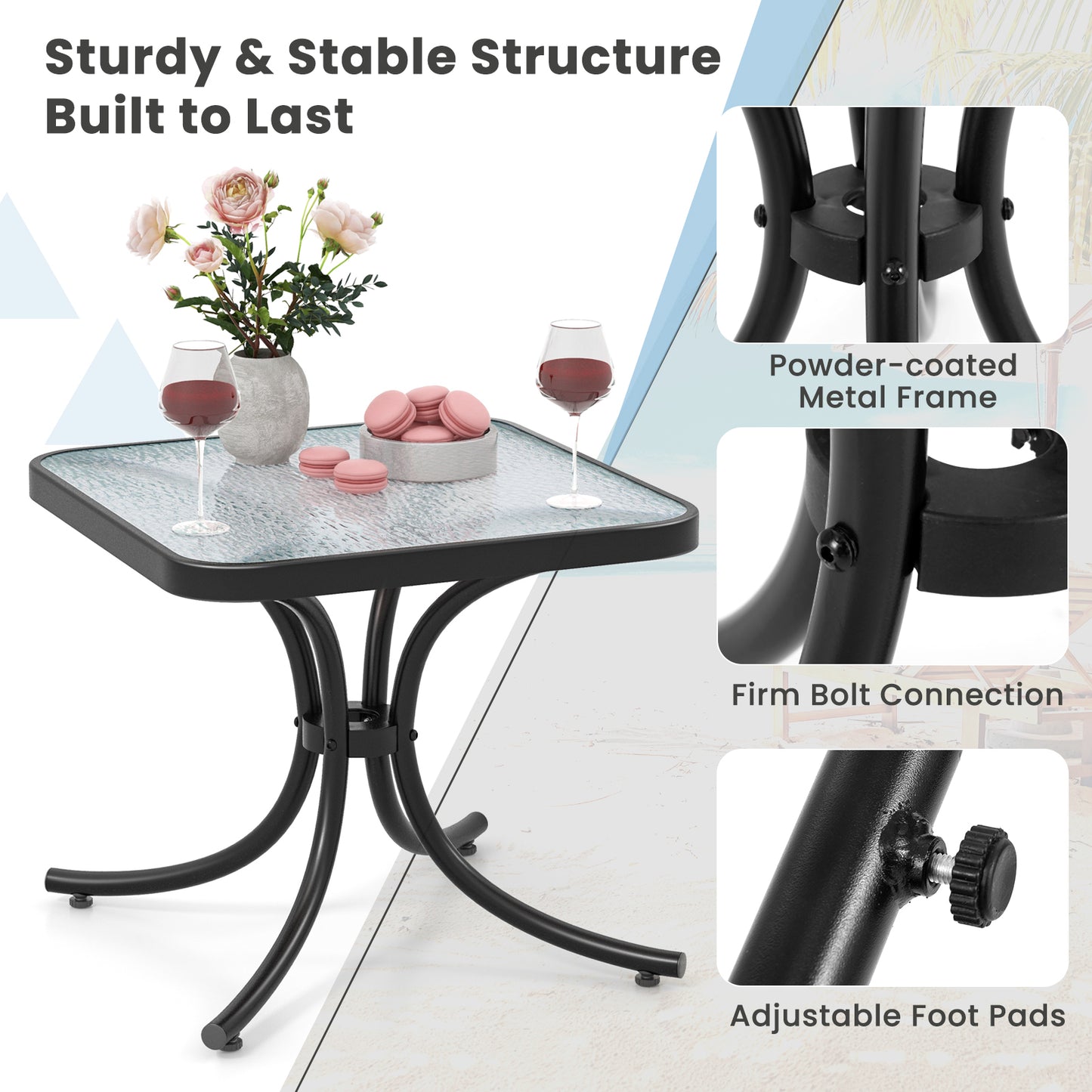 Tempered Glass Top Patio Table with Heavy-duty Metal Frame for Garden Poolside-Black