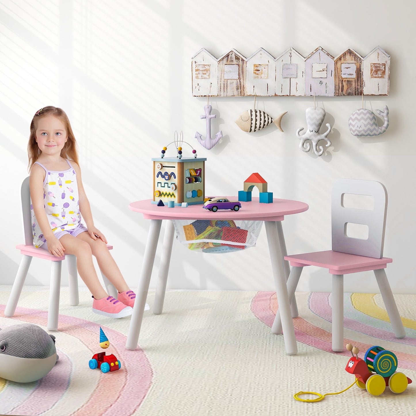Wood Activity Kids Table and Chair Set with Center Mesh Storage for Snack Time and Homework-Blue