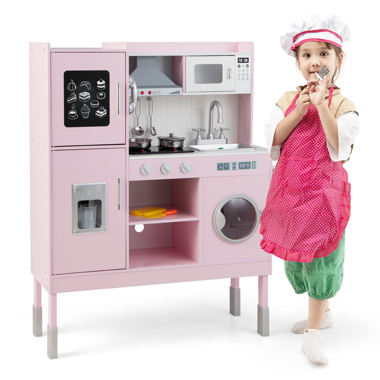 Wooden Pretend Play Kitchen for Kids with 16 Pieces Accessories-Pink