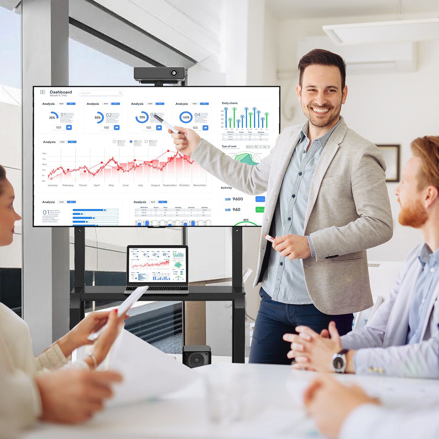 Mobile TV Stand with Camera Shelf and AV Shelves for 32-80 Inch Flat/Curved TVs