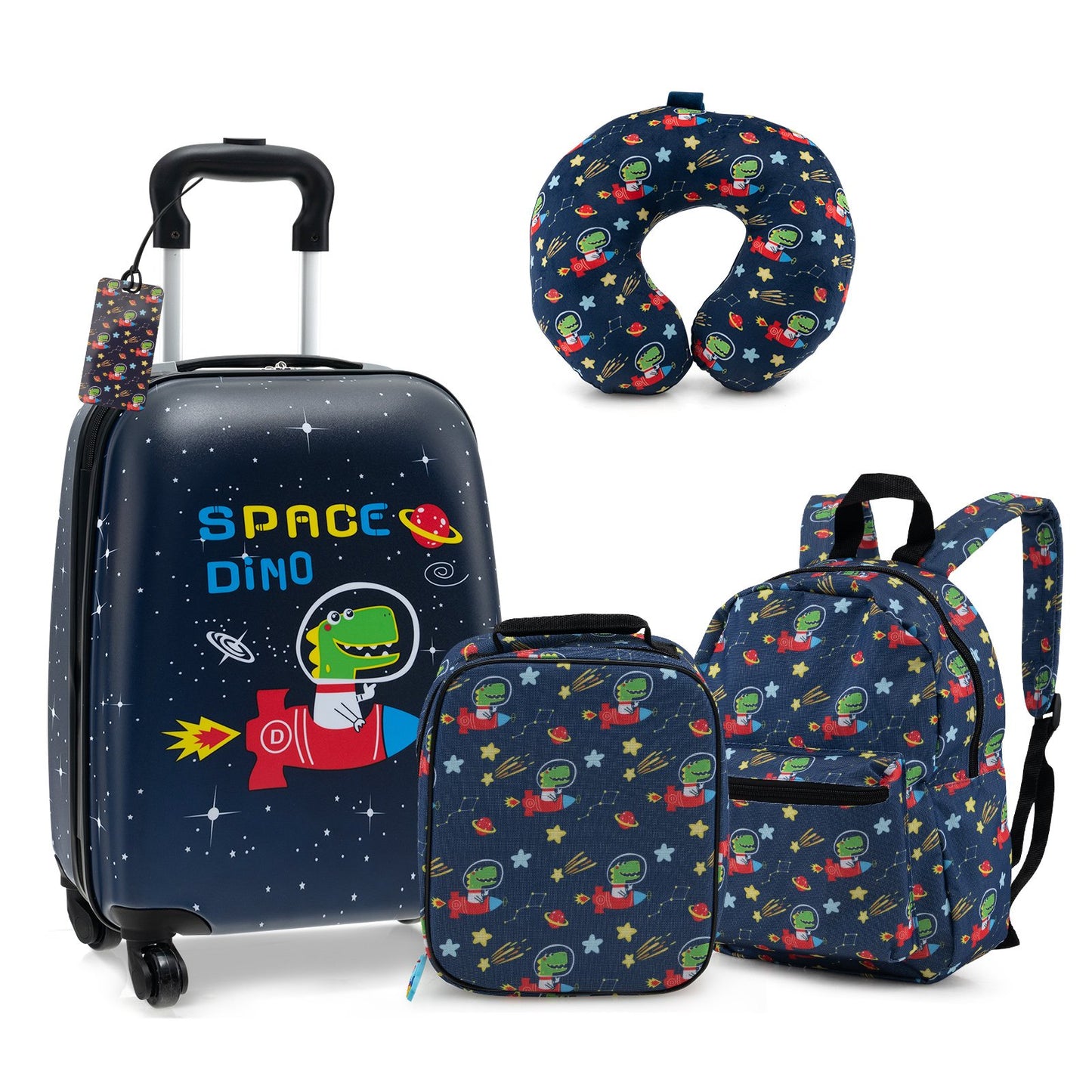 5 Piece Kids Luggage Set with Backpack Neck Pillow Name Tag Lunch Bag-Blue