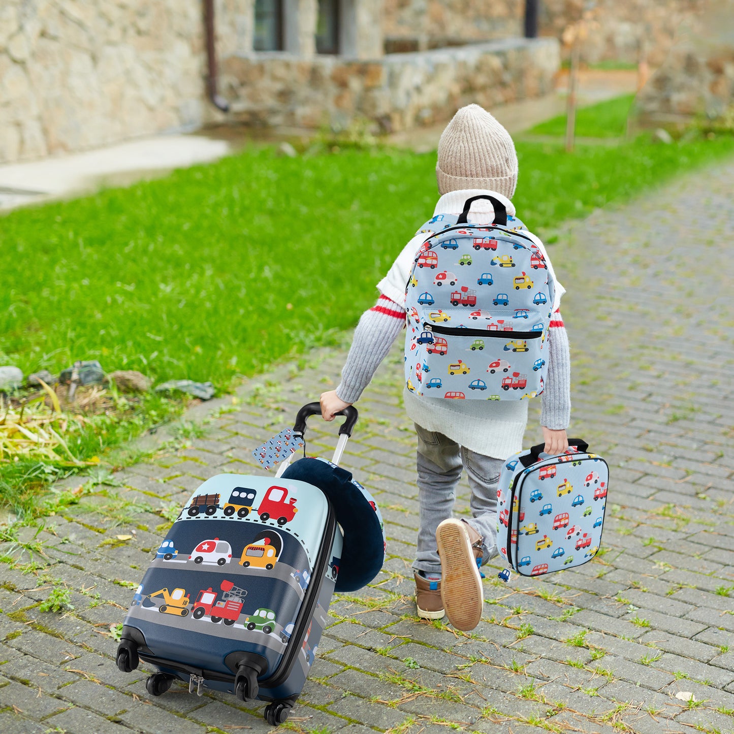 5 Piece Kids Luggage Set with Backpack Neck Pillow Name Tag Lunch Bag-Blue