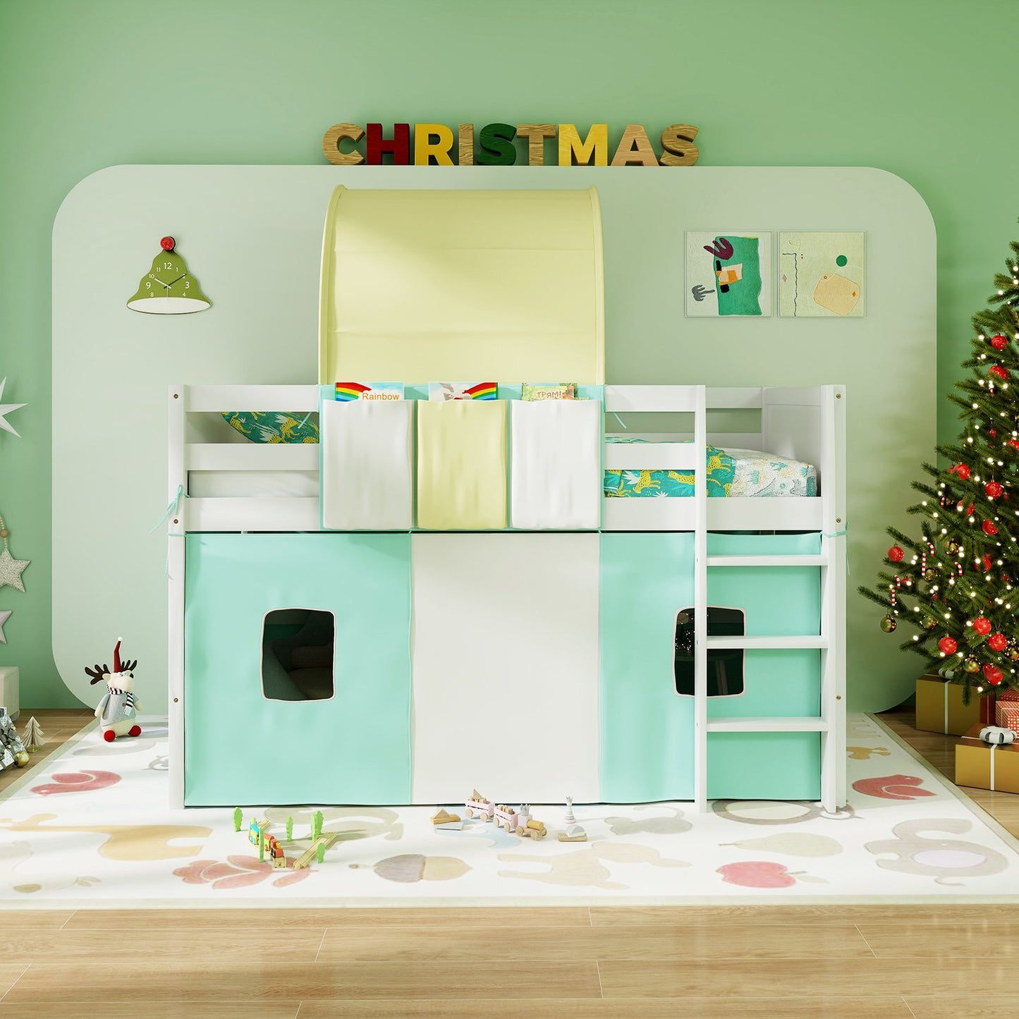 Twin Size Loft Bed Playhouse Bed Frame with Tower Tent and 3 Storage Pockets-Navy