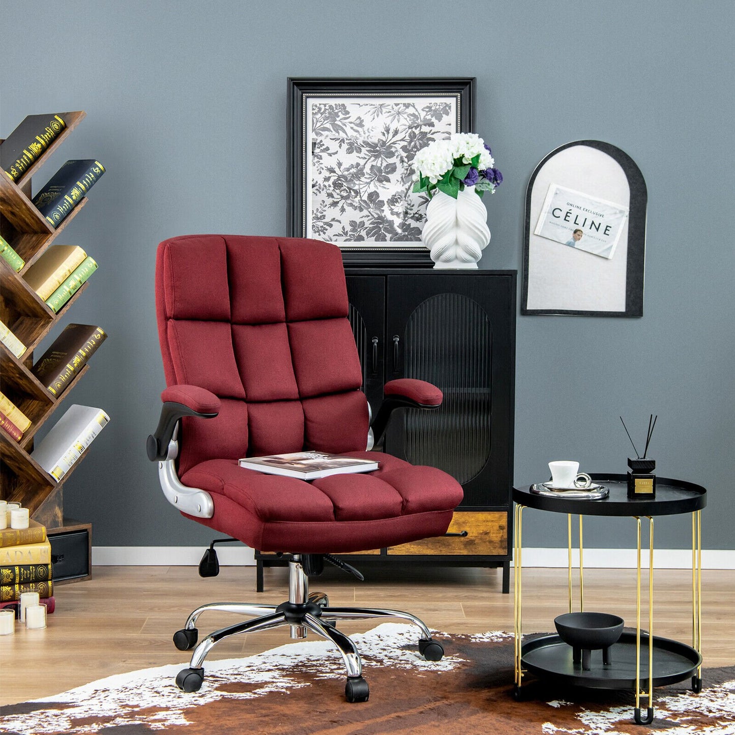 Adjustable Swivel Office Chair with High Back and Flip-up Arm for Home and Office-Beige