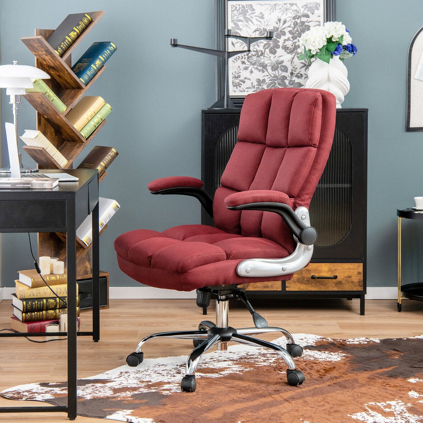Adjustable Swivel Office Chair with High Back and Flip-up Arm for Home and Office-Beige