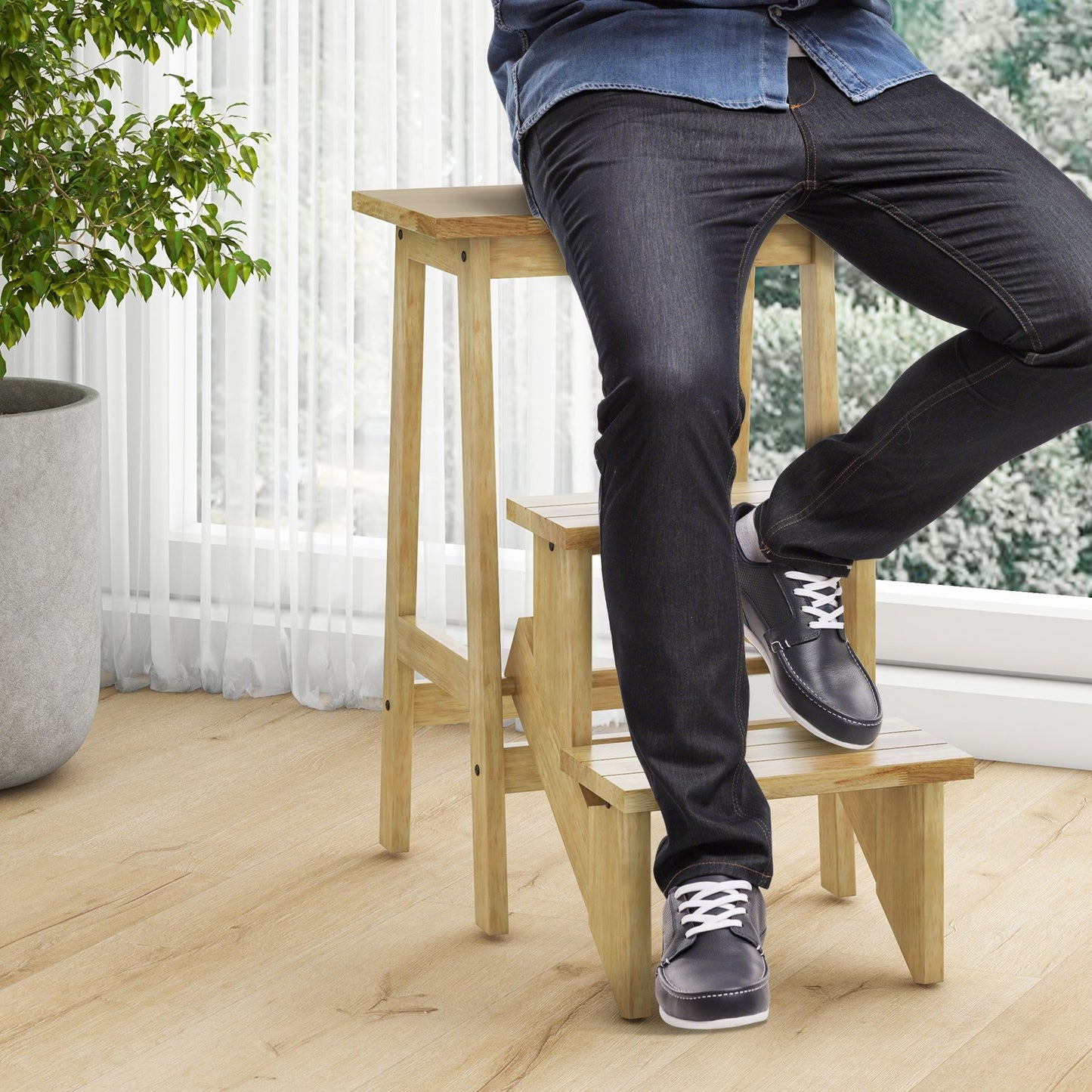 3-in-1 Rubber Wood Step Stool with Convenient Handle-Brown