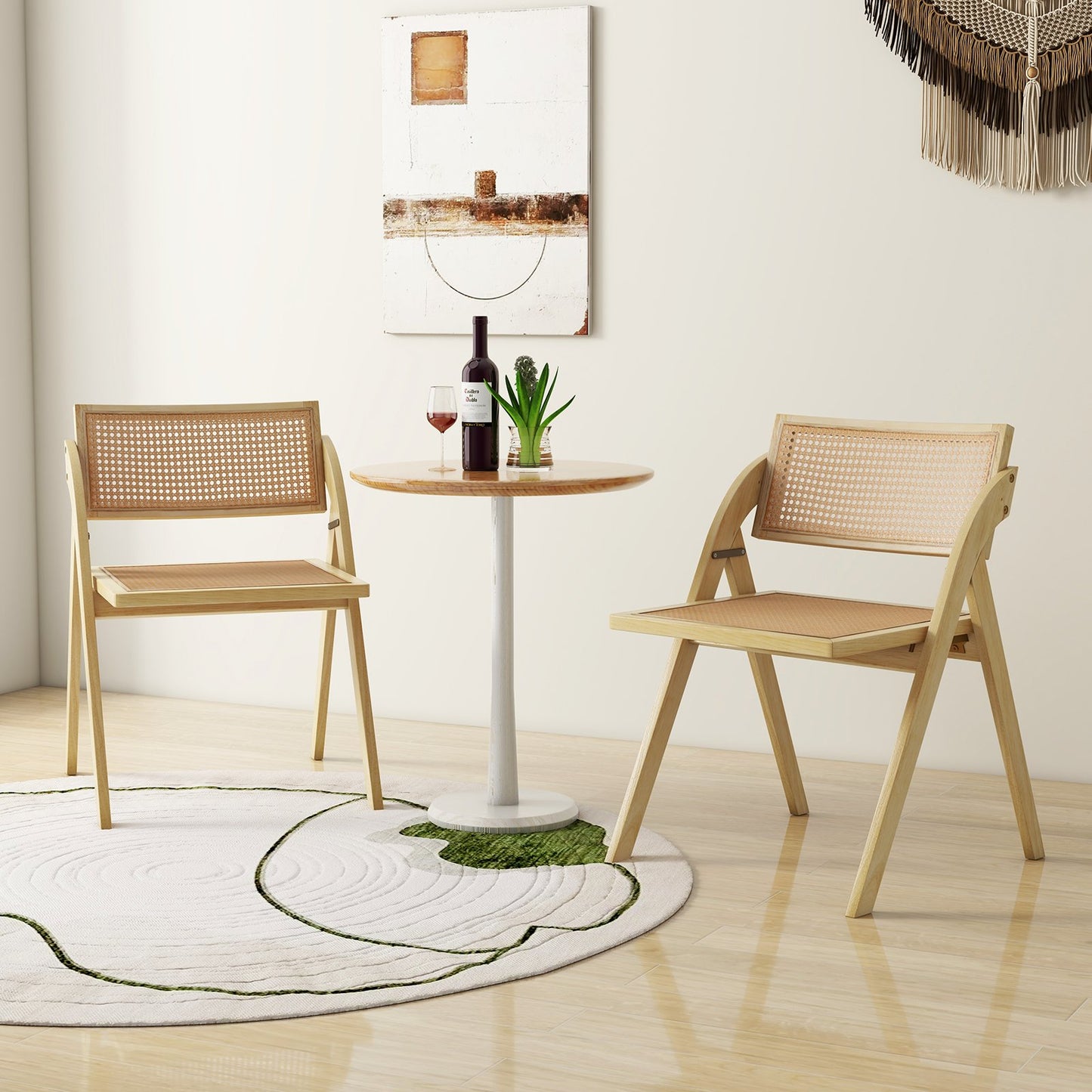 Foldable Dining Chairs Set of 2 with Woven Rattan Backrest-Brown