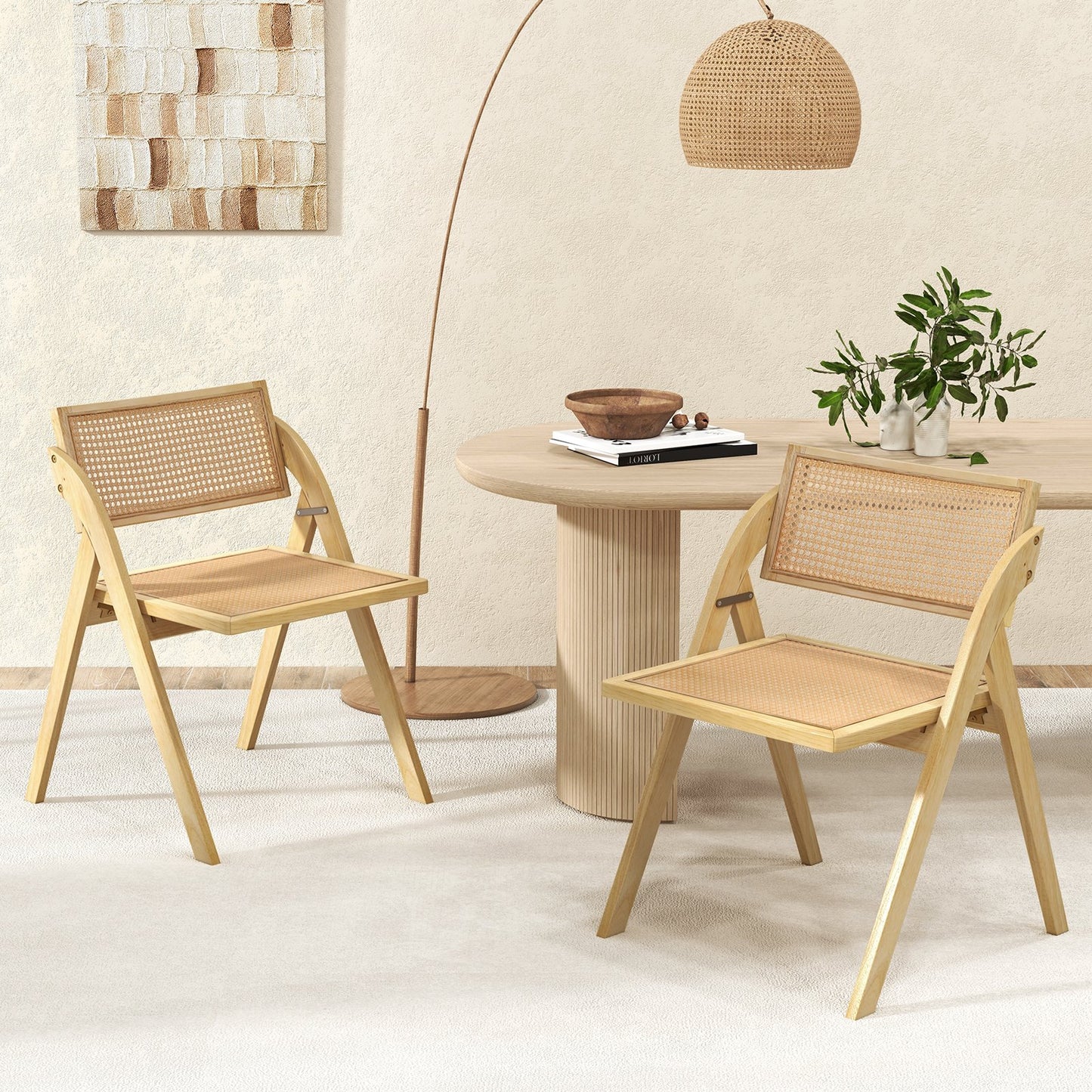 Foldable Dining Chairs Set of 2 with Woven Rattan Backrest-Brown