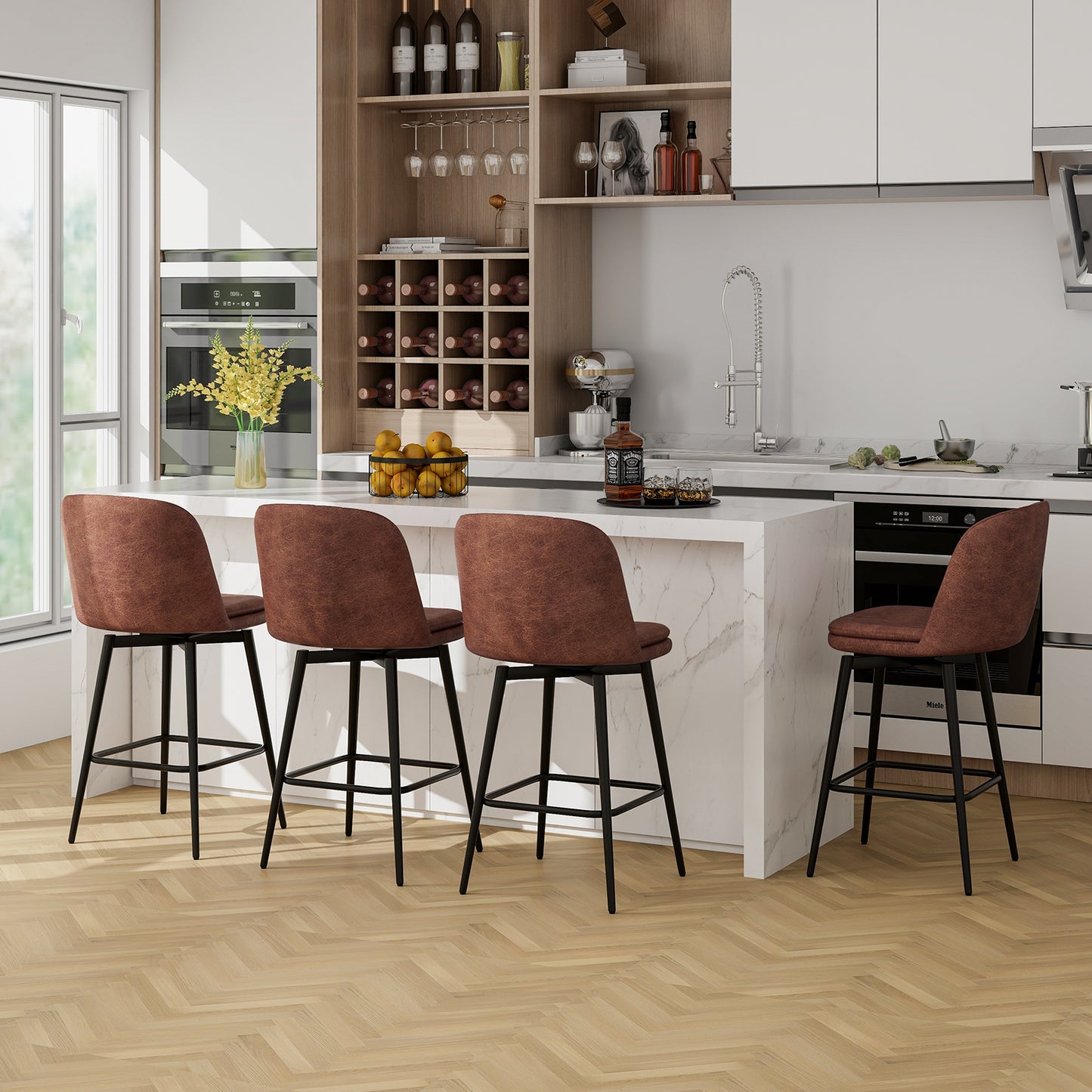 27 Inch Swivel Bar Stool Set of 2 Counter Height Chair with Padded Seat-Black and Brown