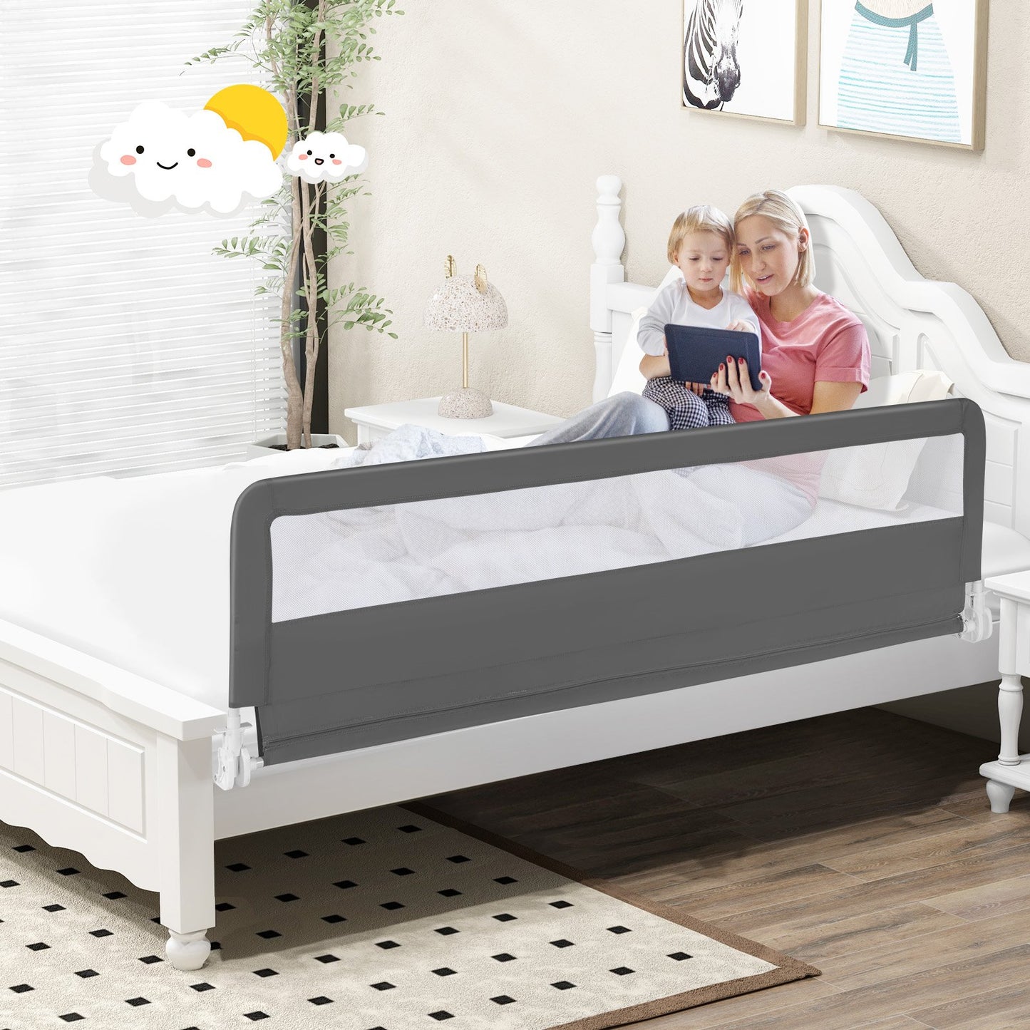 71 Inch Extra Long Swing Down Bed Guardrail with Safety Straps-Beige