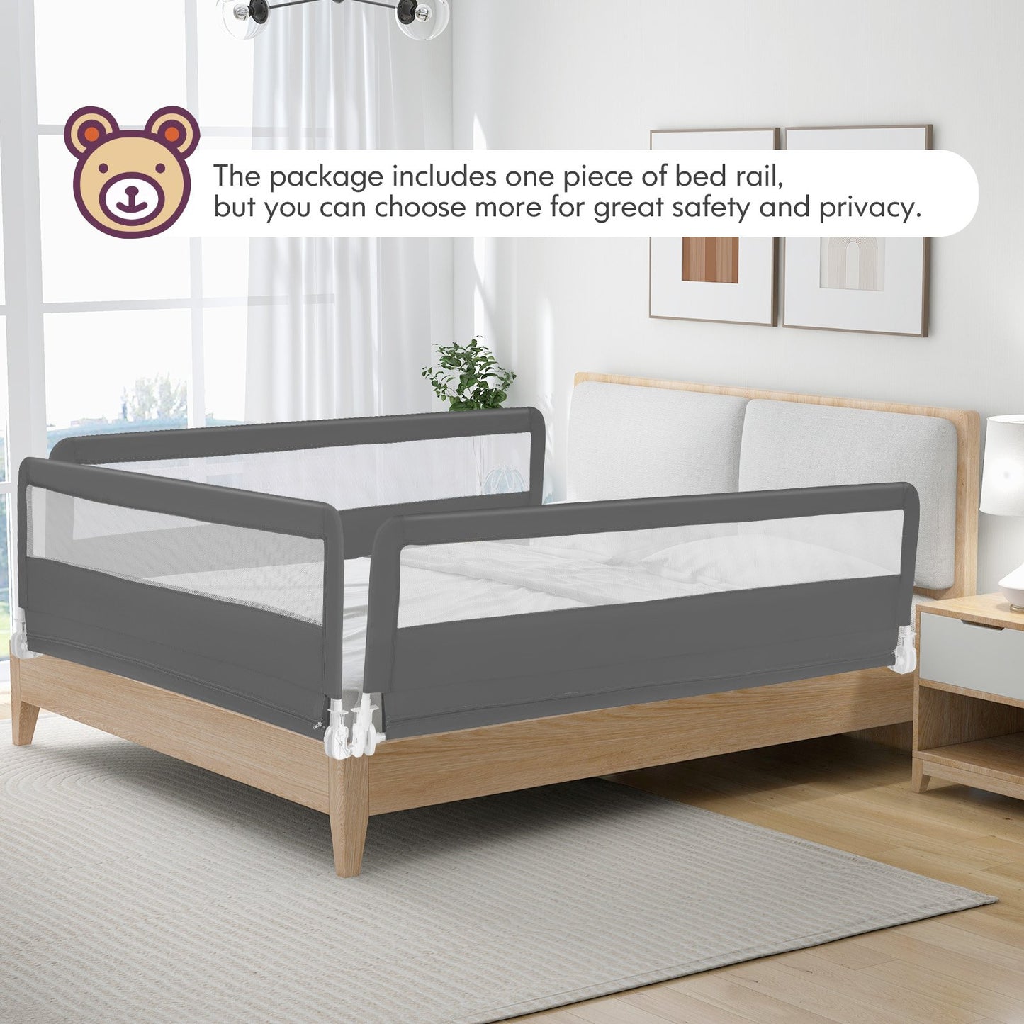71 Inch Extra Long Swing Down Bed Guardrail with Safety Straps-Beige