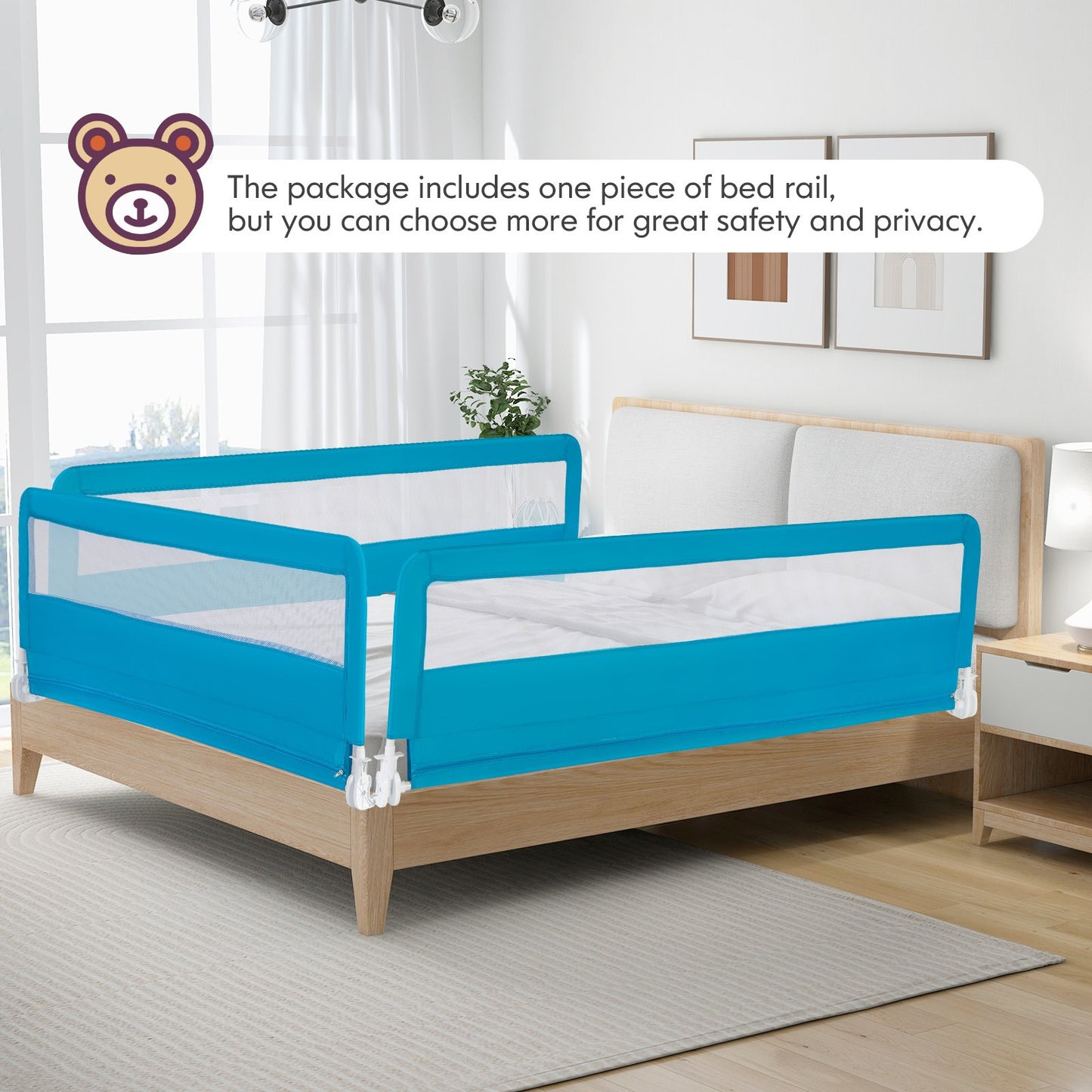 71 Inch Extra Long Swing Down Bed Guardrail with Safety Straps-Beige