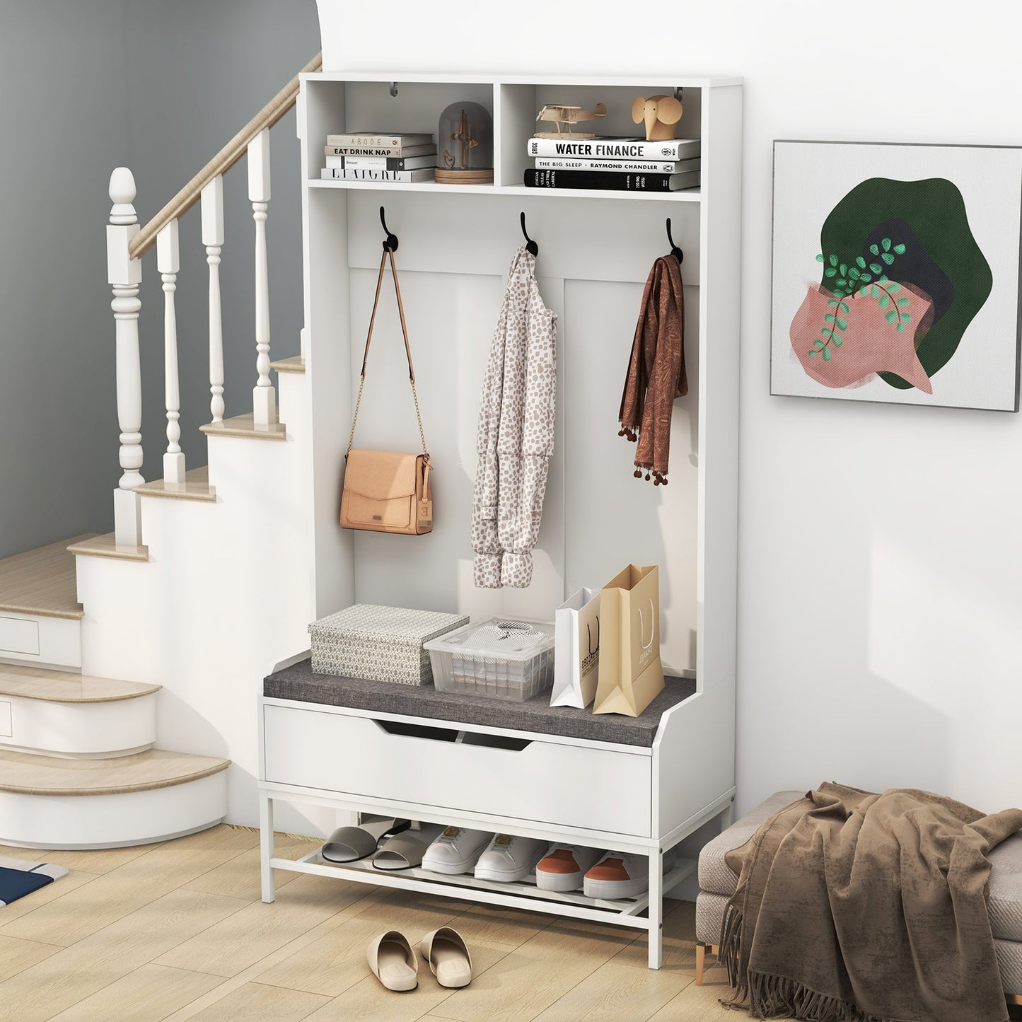 69 Inches Tall Hall Tree 4-in-1 Coat Rack with Seat Cushion and Shoe Storage-Black
