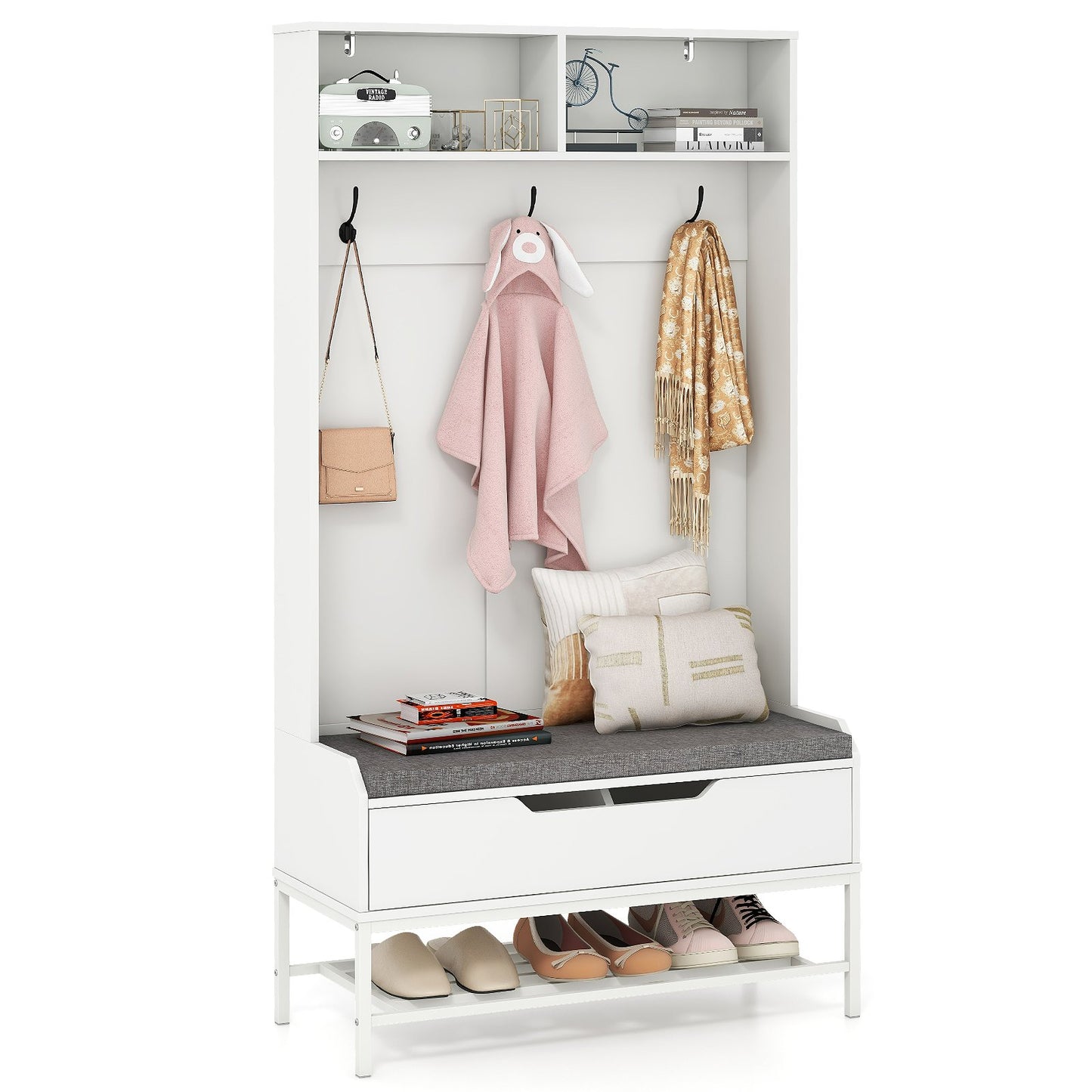 69 Inches Tall Hall Tree 4-in-1 Coat Rack with Seat Cushion and Shoe Storage-Black