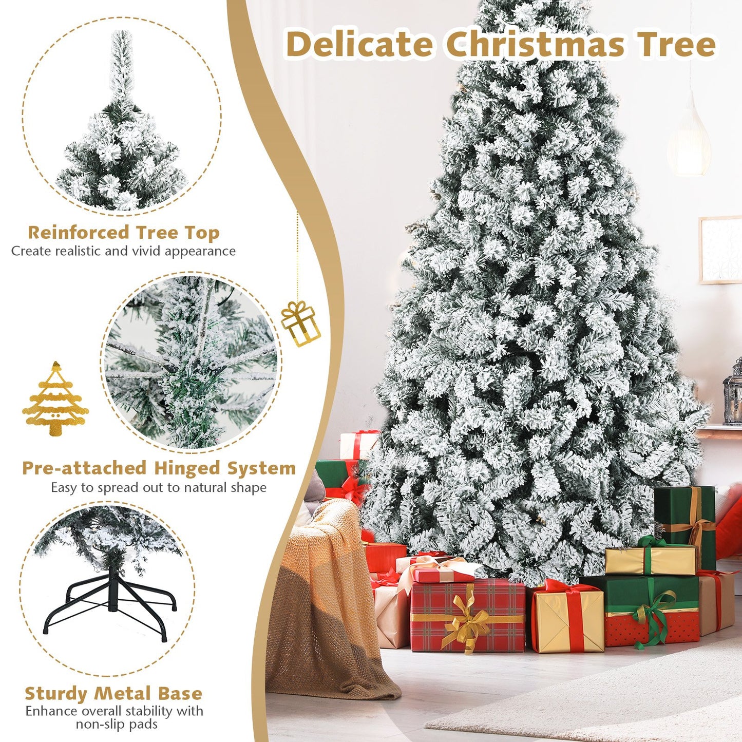 Pre-Lit Premium Snow Flocked Hinged Artificial Christmas Tree-9 ft