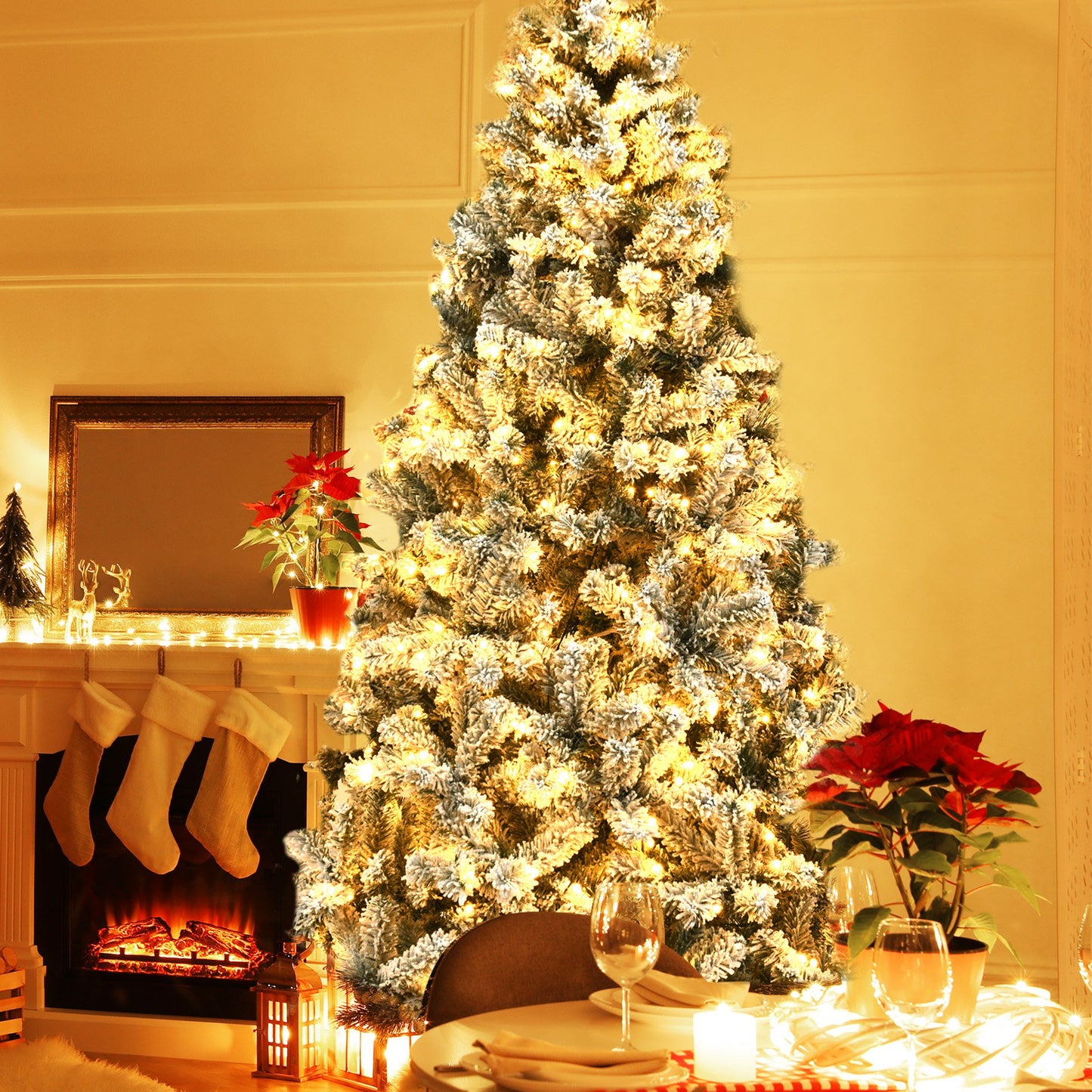 Pre-Lit Premium Snow Flocked Hinged Artificial Christmas Tree-9 ft