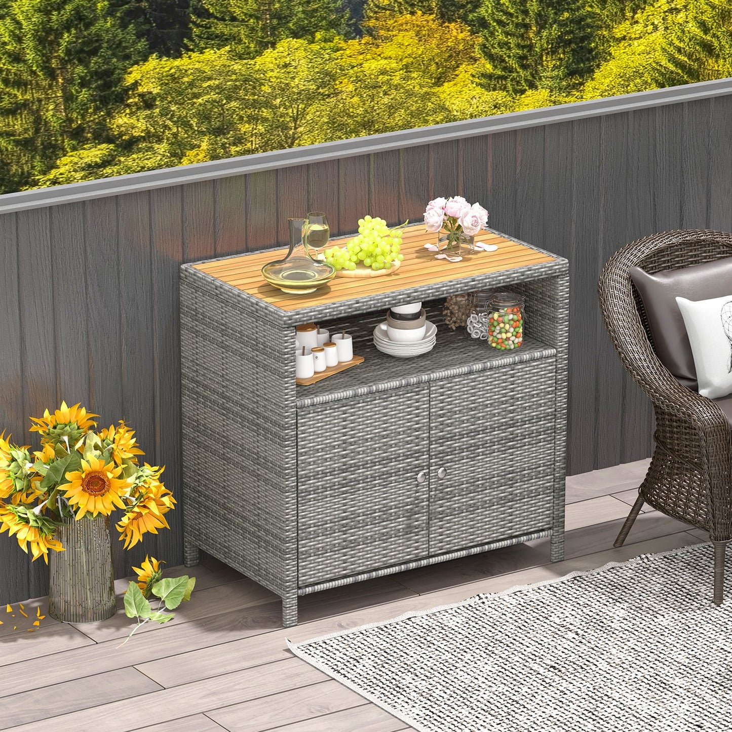 Rattan Storage Cabinet with Acacia Wood Countertop for Poolside Deck and Patio-Black