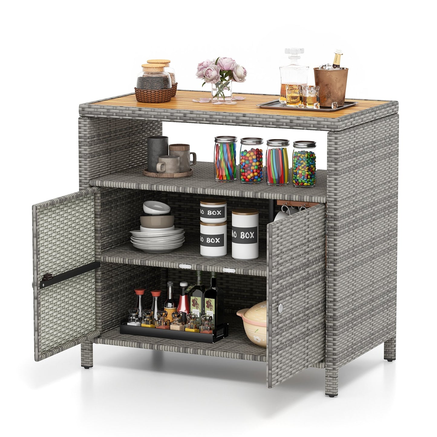 Rattan Storage Cabinet with Acacia Wood Countertop for Poolside Deck and Patio-Black