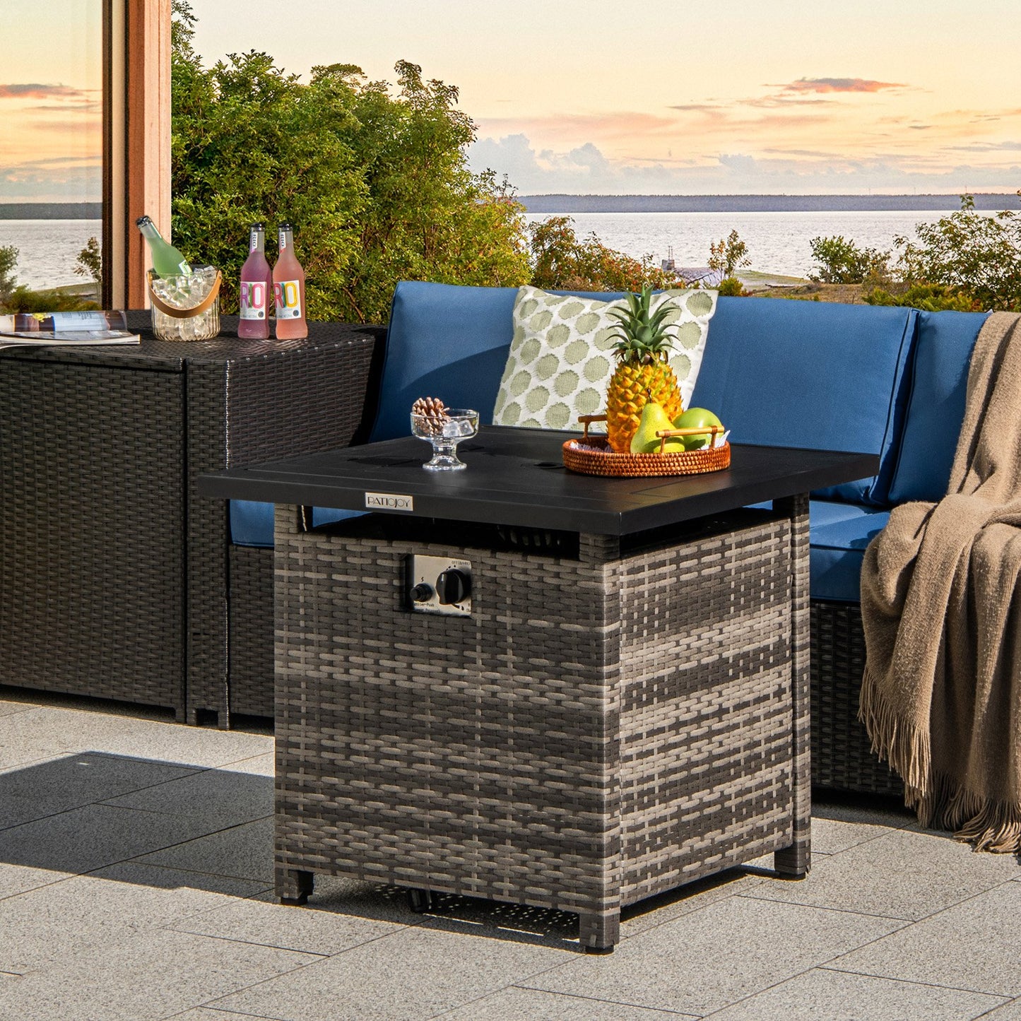 29 Inch Propane Rattan Firepit Table with Lava Rocks and Protective Cover-Gray