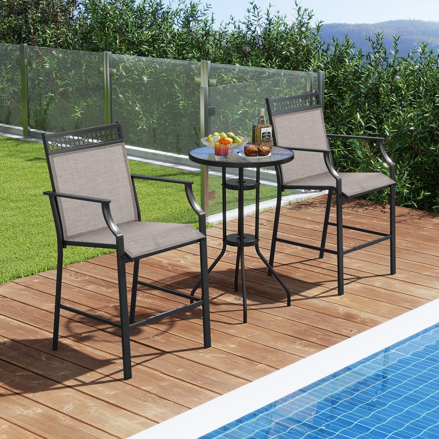 Outdoor Counter Stools Set of 2 Heavy-Duty Barstools with Footrest and Armrests-Blue