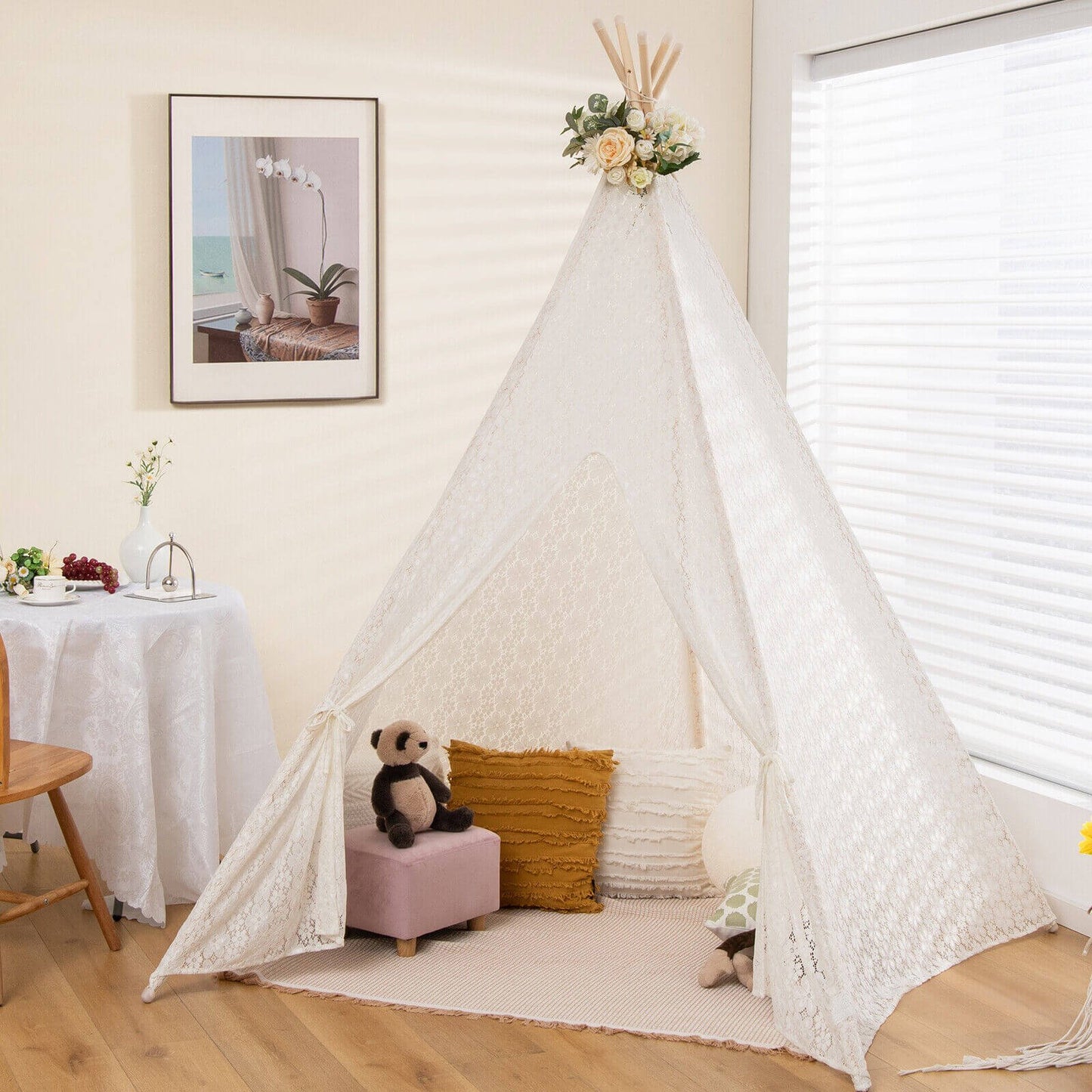 Lace Teepee Tent with Colorful Light Strings for Children