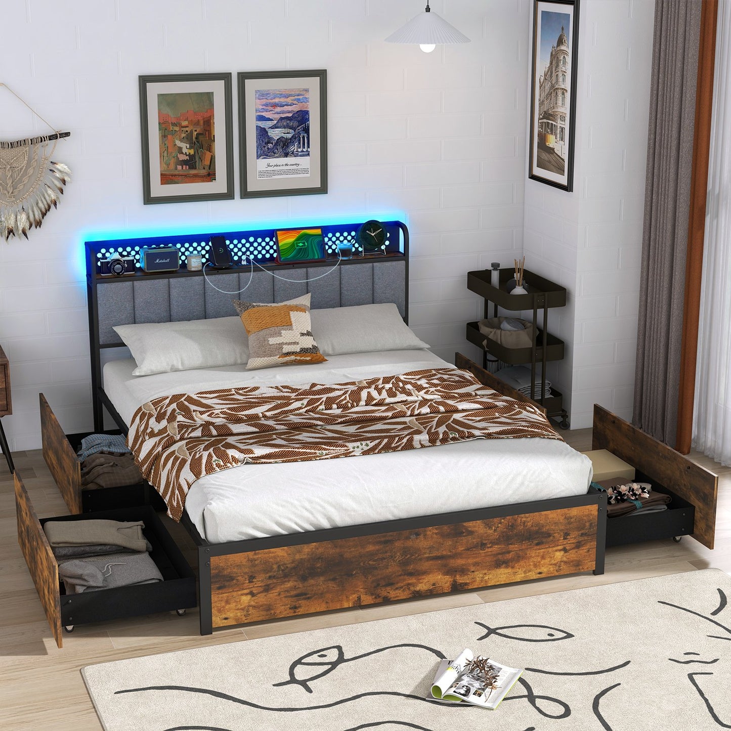 Twin/Full/Queen Bed Frame with LED Lights Upholstered Headboard and 4 Storage Drawers-Twin size