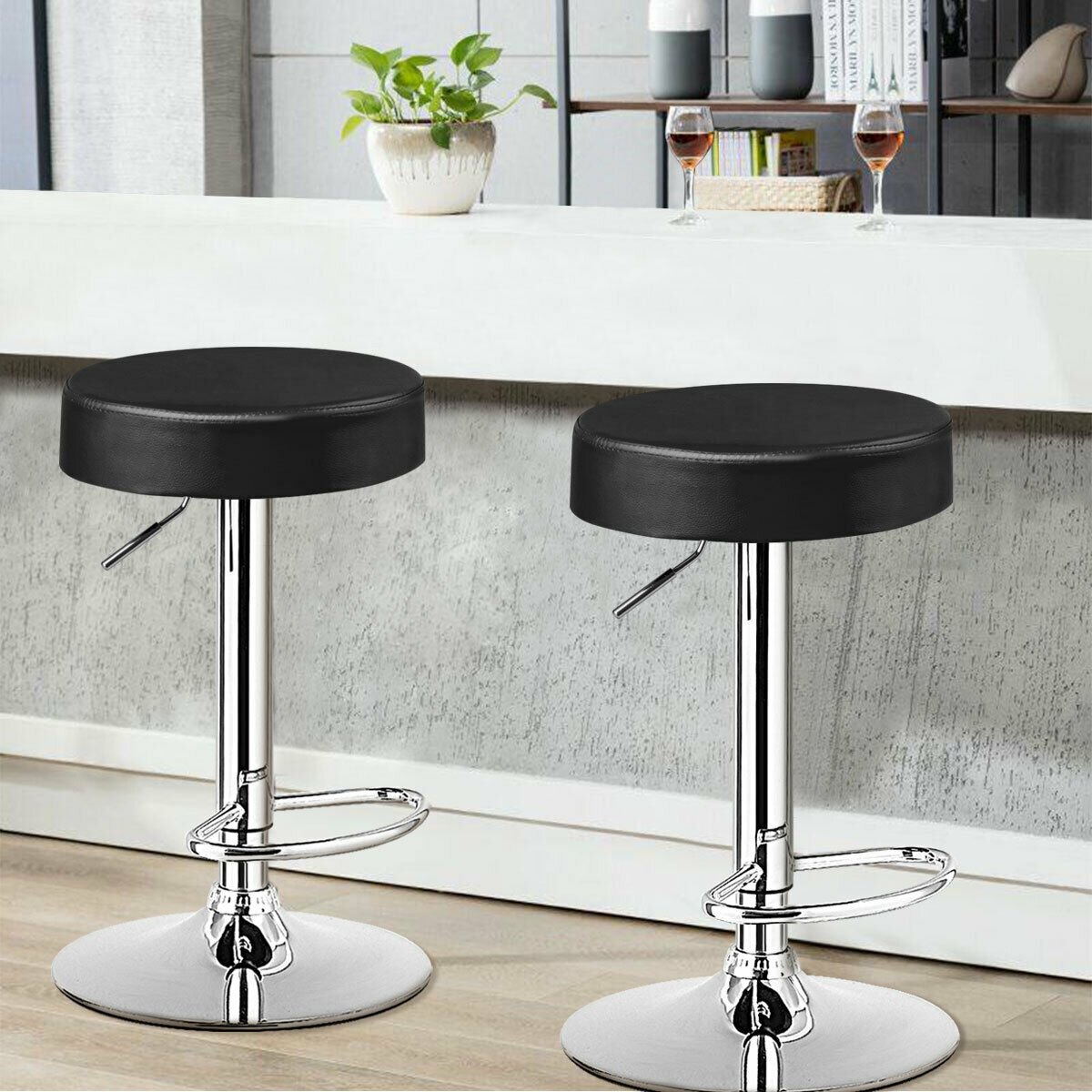 Set of 2 Adjustable Swivel Round Bar Stool Pub Chairs-Black