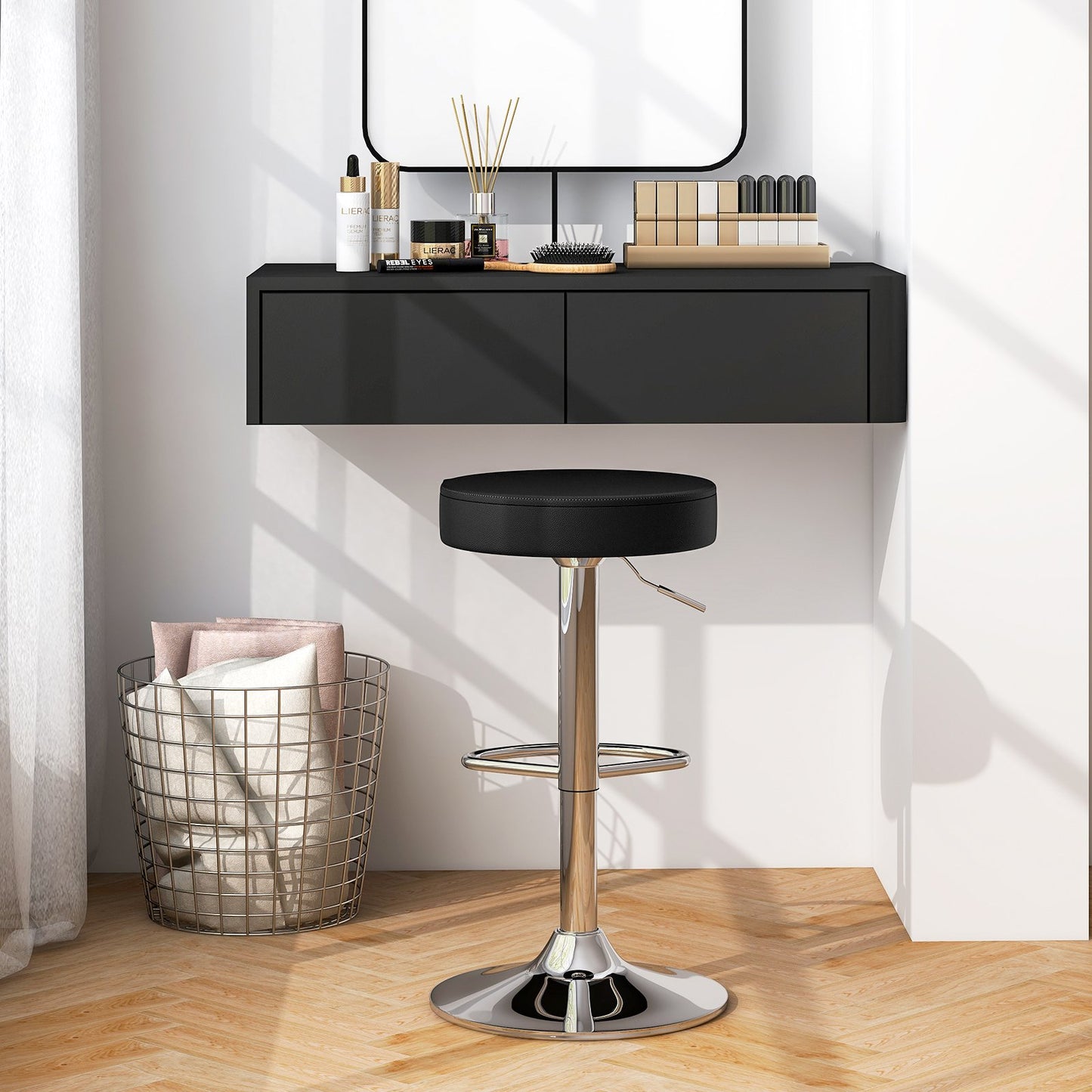 Set of 2 Adjustable Swivel Round Bar Stool Pub Chairs-Black