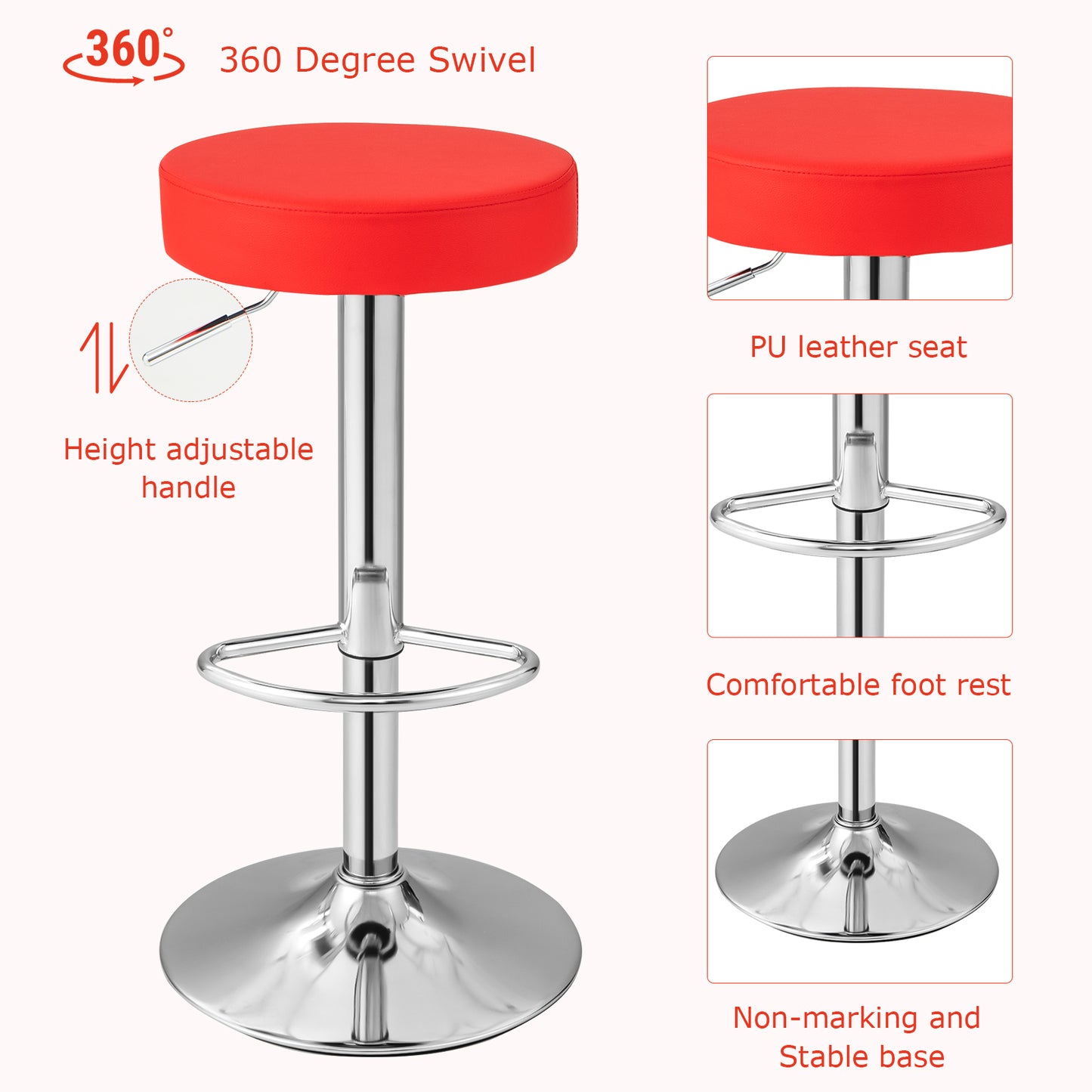 Set of 2 Adjustable Swivel Round Bar Stool Pub Chairs-Red