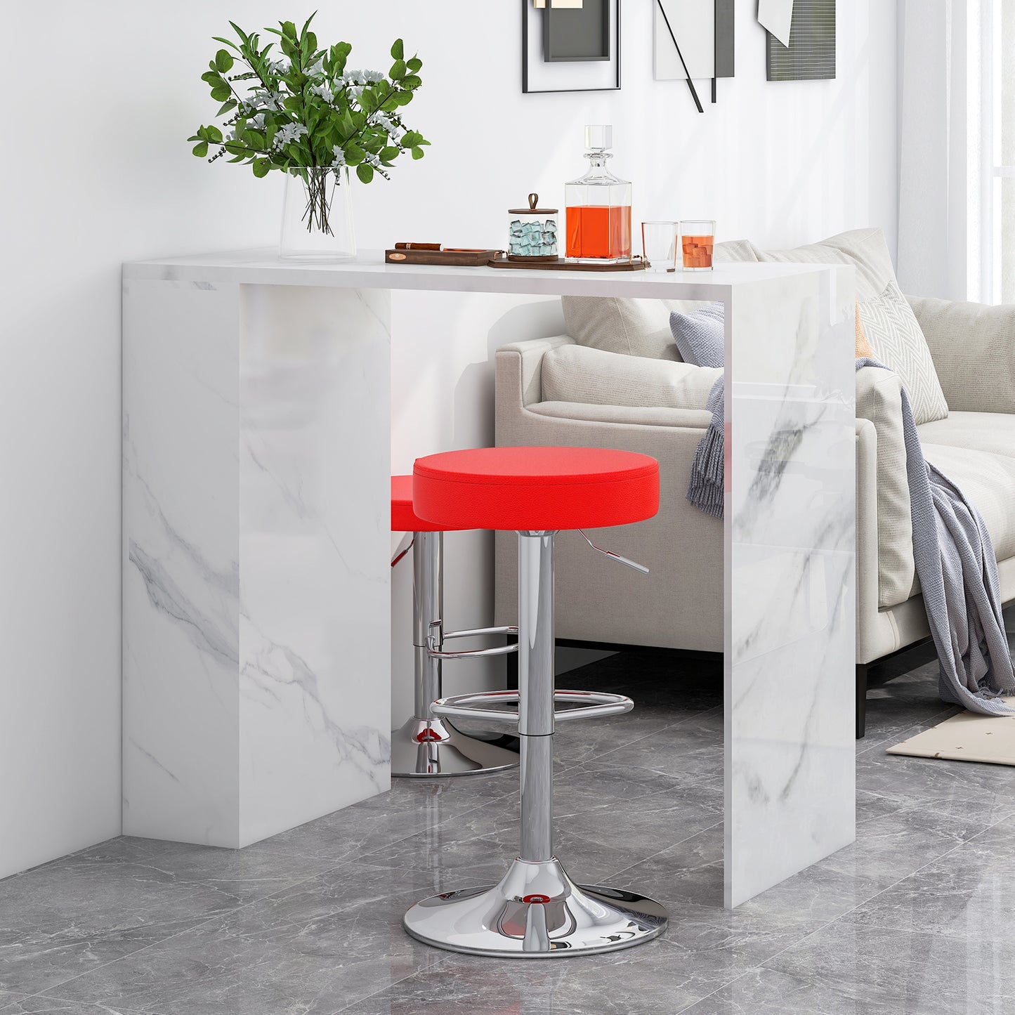 Set of 2 Adjustable Swivel Round Bar Stool Pub Chairs-Red