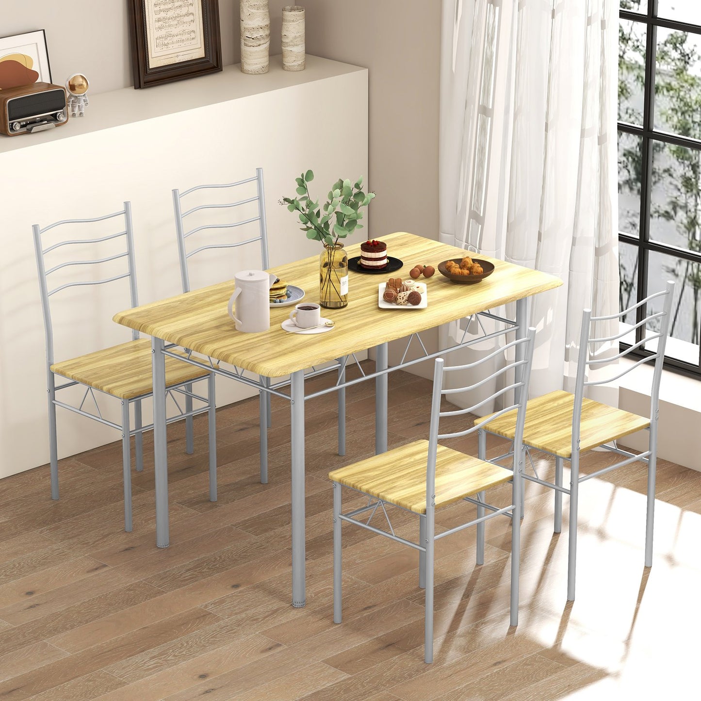 5 Pieces Wood Metal Dining Table Set with 4 Chairs-Natural