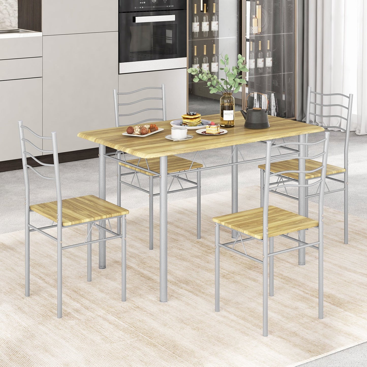 5 Pieces Wood Metal Dining Table Set with 4 Chairs-Natural