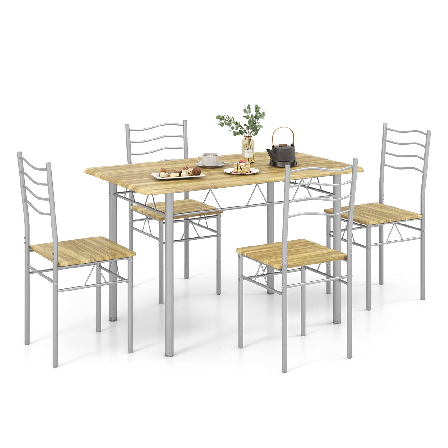 5 Pieces Wood Metal Dining Table Set with 4 Chairs-Natural