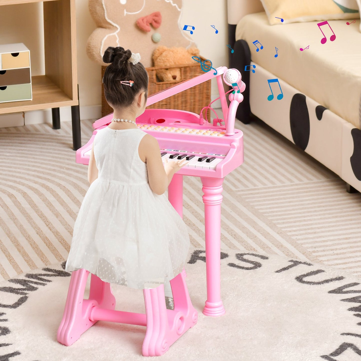 37 Keys Kids Piano Keyboard with Stool and Piano Lid-Black