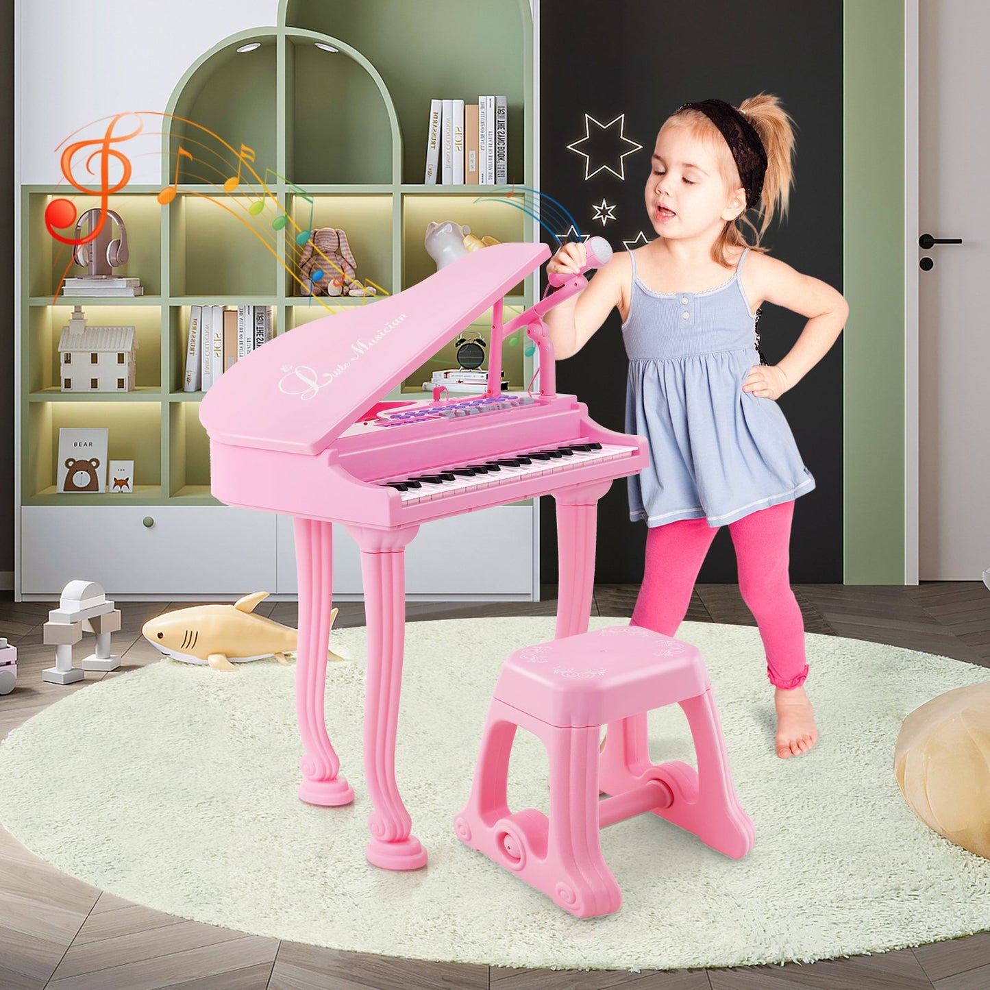 37 Keys Kids Piano Keyboard with Stool and Piano Lid-Black